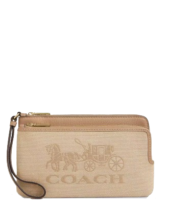 Coach Double Zip Wallet with Horse and Carriage Design - Stylish Leather Card Holder for Women & Men | Perfect for Travel, Work & Everyday Use
