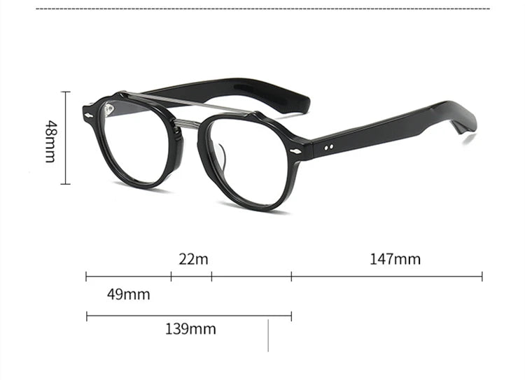 Stylish Unisex Black Acetate & Alloy Round Eyeglasses with Double Bridge - Full Rim Frame (68mm Lens Width) - Perfect for Reading, Work, and Everyday Fashion