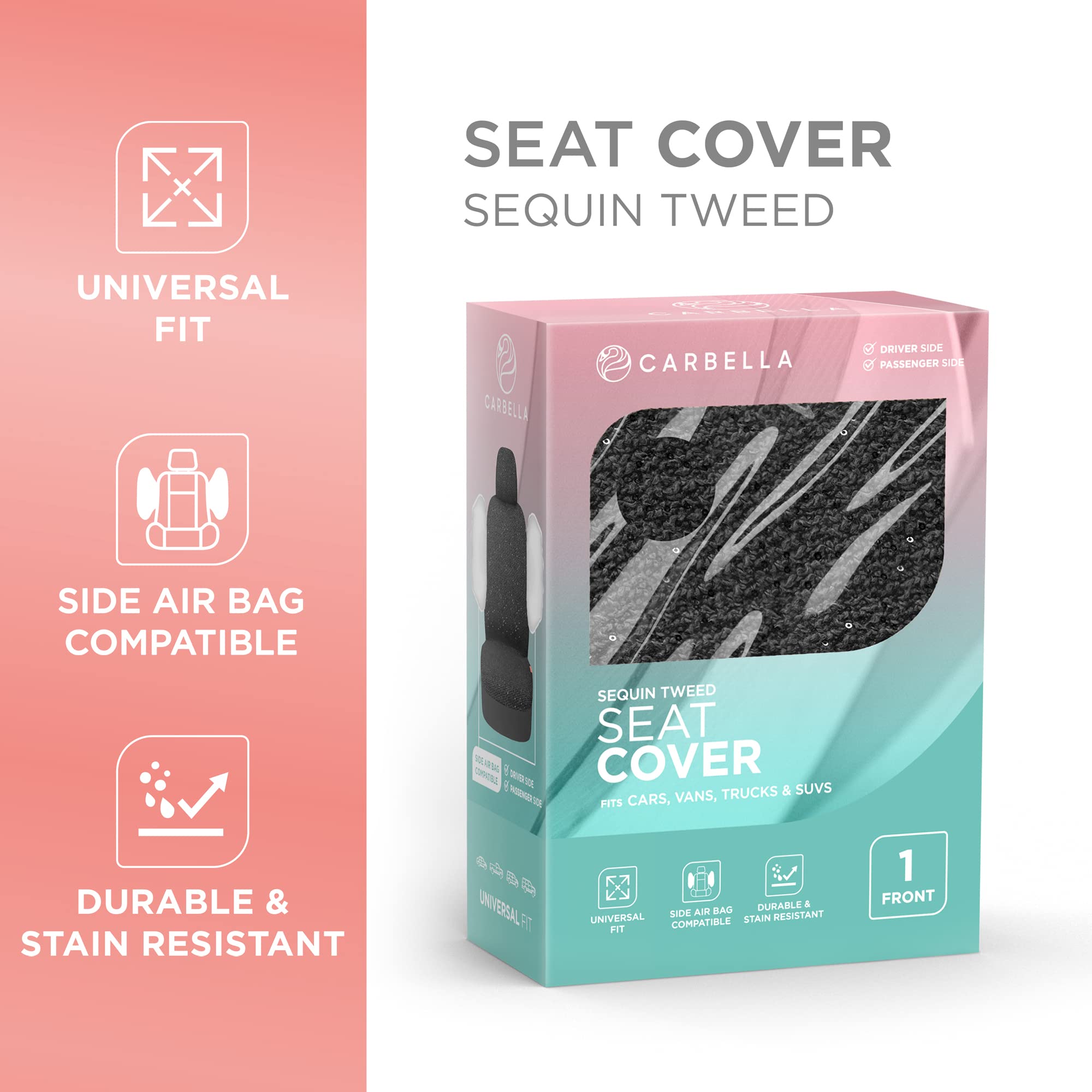 Sparkly Sequin Tweed Car Seat Covers 2-Pack - Beige Shiny Bling Auto Seat Protectors for Cars, Trucks, Vans & SUVs | Luxury Car Accessories for Women | Perfect for Daily Commute, Road Trips & Interior Protection