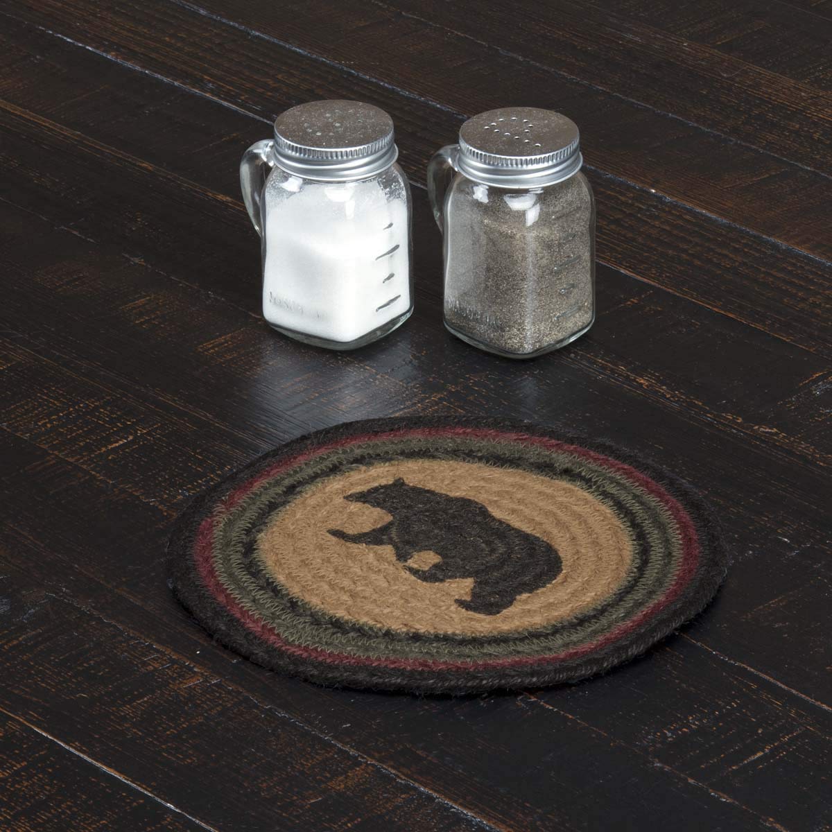 VHC Brands Wyatt Rustic Stenciled Textured Tan Round Kitchen Table Bear Jute Trivet 8