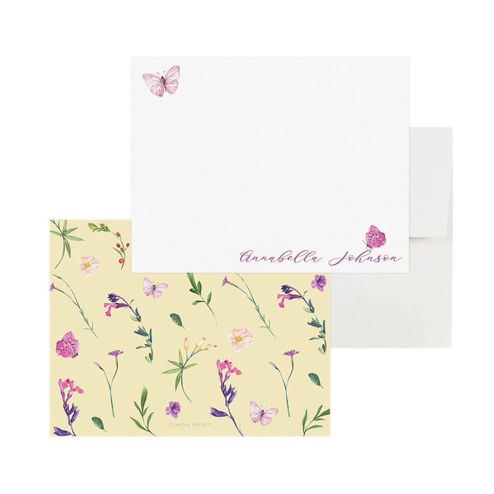 Personalized Butterfly Note Cards with Envelopes - Watercolor Floral Stationery Set for Kids & Girls - Custom Thank You Cards with Choice of Quantity & Envelope Color - Perfect for Birthday Gifts, Thank You Notes & Party Favors