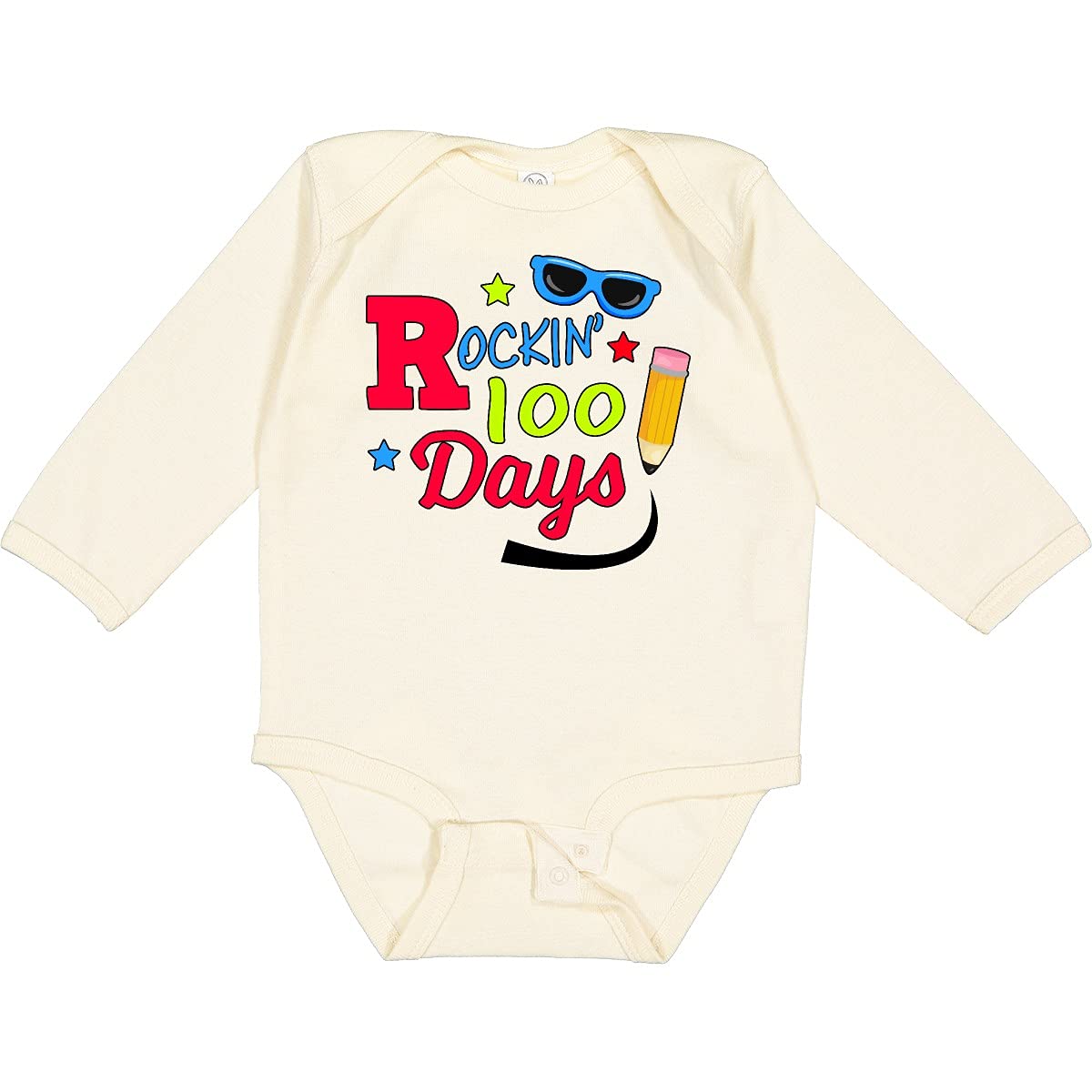 Inktastic Rockin 100 Days with Sunglasses and Pencil Long Sleeve Baby Bodysuit - Soft Cotton Infant Onesie for Boys & Girls - Perfect for 100 Day Celebration, Photo Shoots & Casual Outfits