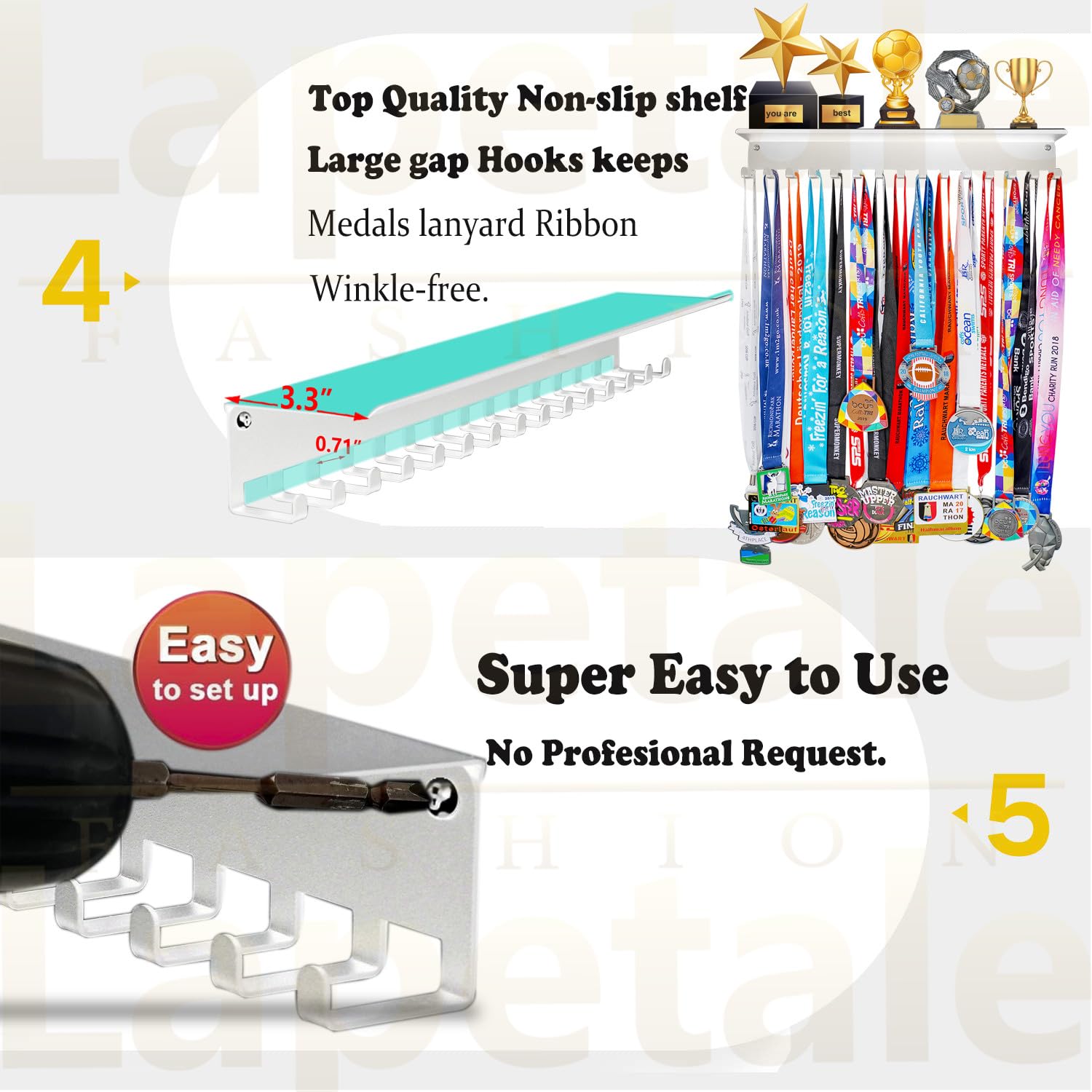 Non-Slip Trophy Shelf - 16 Inch Wall Mounted Medal Display Holder for Sports Awards, Trophies & Medals | Perfect for Gym, Race, Soccer, Swimming | Durable Wall Hanger for Gymnastics Awards & Competition Prizes