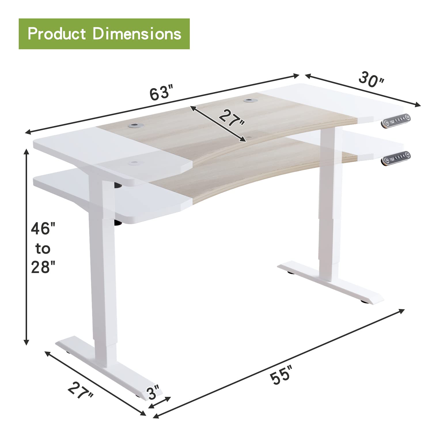 Dual Motor Electric Standing Desk 63 x 30 Inches - Height Adjustable Sit Stand Desk for Home Office with Splice Board, 265 lb Weight Capacity (White Frame & Top) - Perfect for Ergonomic Workspace & Small Office Setup