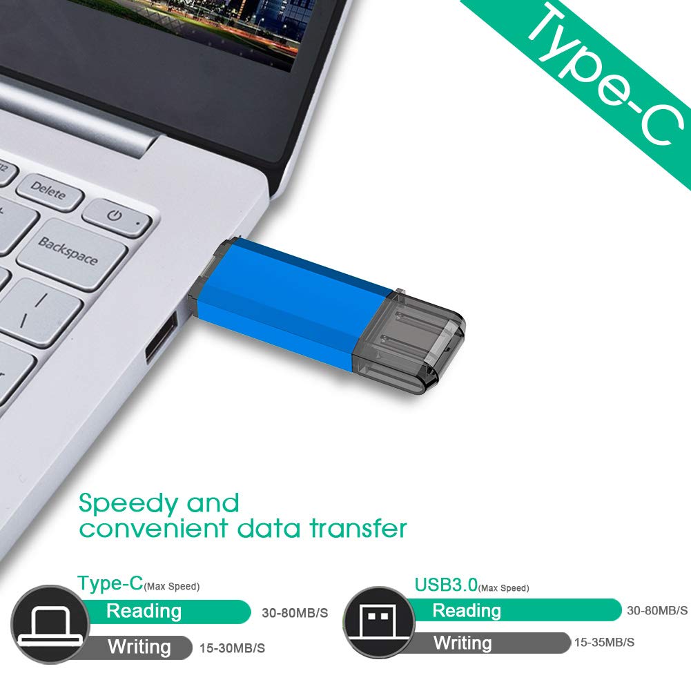 128GB USB Flash Drive with Dual USB-C & USB-A 3.0 - High Speed Thumb Drive for Smartphones, Tablets, PC & MacBook - Portable Memory Stick for Work, School, Travel Data Storage - Blue