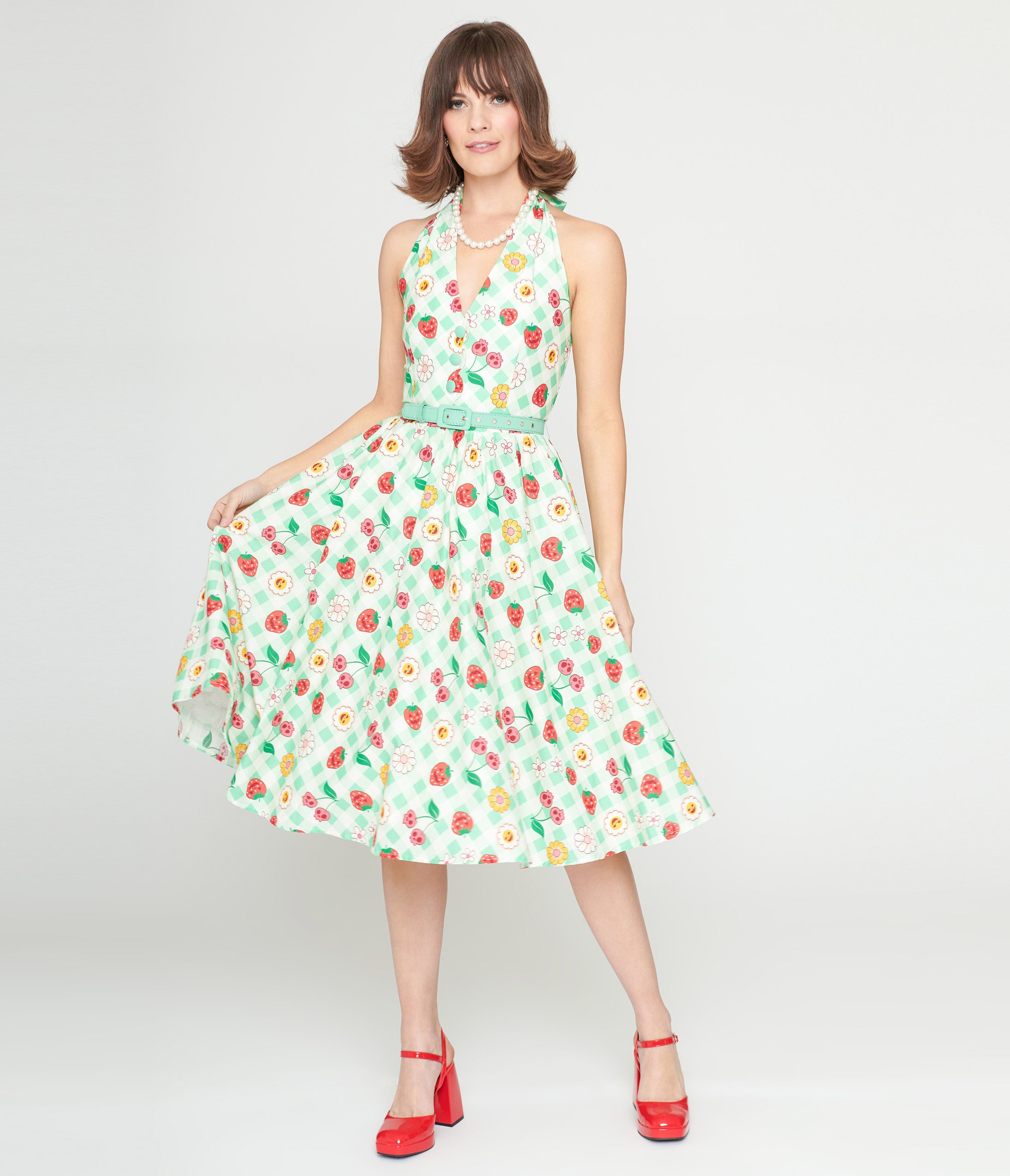 Vintage 1950s Green Gingham Spooky Fruit Print Halter Swing Dress - Retro Halloween Costume & Pinup Party Outfit for Women