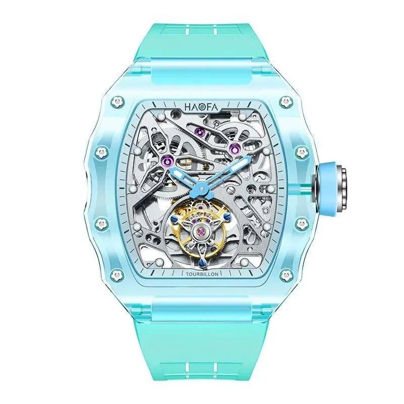 Haofa Luxury Men's Flying Tourbillon Watch - Crystal Clear Transparent Skeleton Design, Waterproof, Luminous, Automatic Mechanical Movement (Model 2201) - Perfect for Business, Formal Events & Luxury Gift Giving
