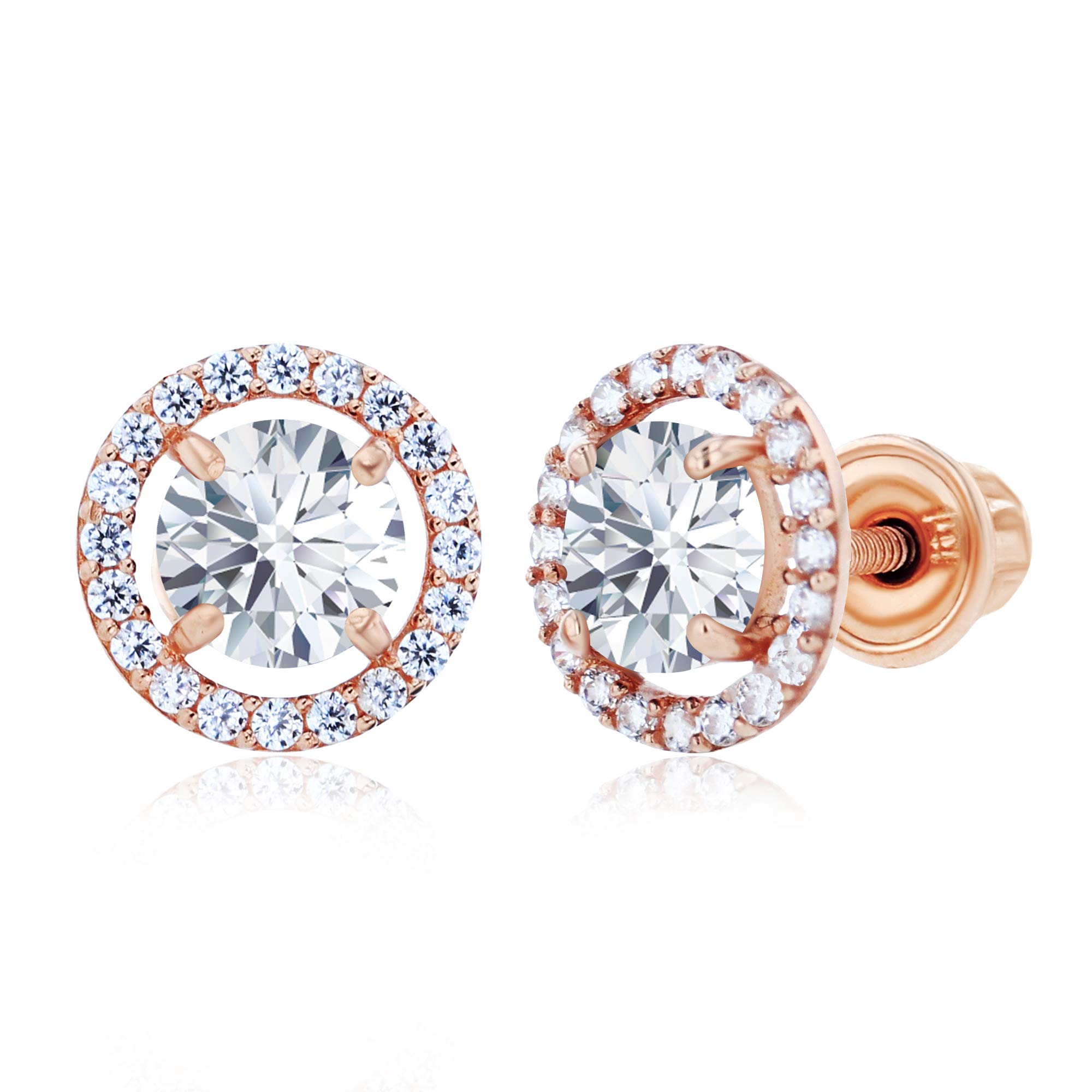 14K Solid Gold 8mm Halo Natural Birthstone Screwback Stud Earrings for Women | 5mm Round Birthstone with 1mm Created White Sapphire Halo | Elegant Everyday Jewelry, Birthday Gift, Anniversary Present