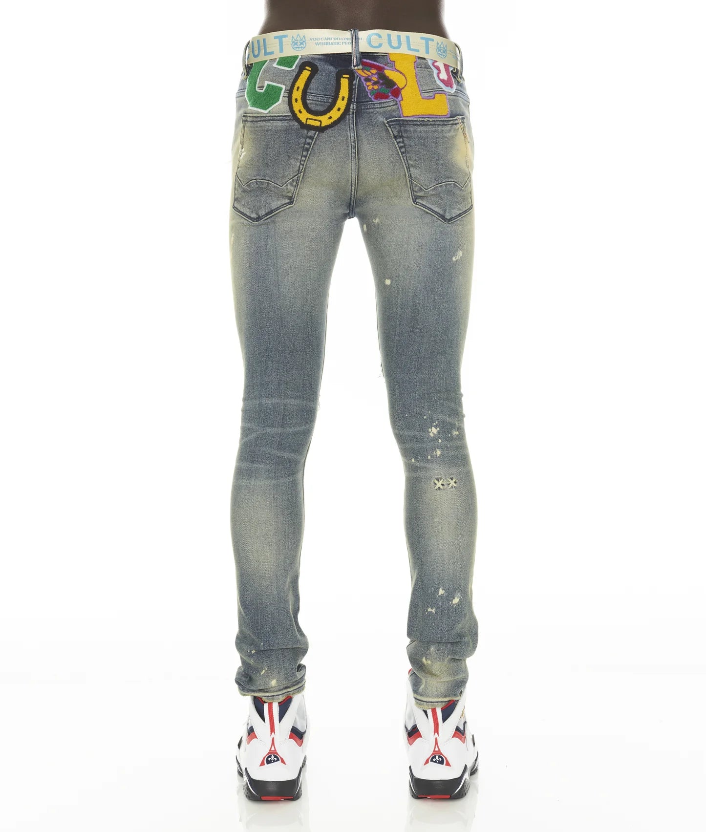CULT OF INDIVIDUALITY Punk Super Skinny Stretch Jeans with Beet Red Belt - Edgy Rocker Style for Concerts & Nightlife
