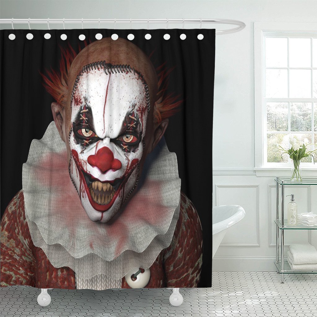 TOMPOP Scary Clown Shower Curtain - Waterproof Polyester Fabric with Pointy Teeth Design (72x78 Inches) Includes Hooks - Perfect for Halloween Bathroom Decor & Horror Theme Parties