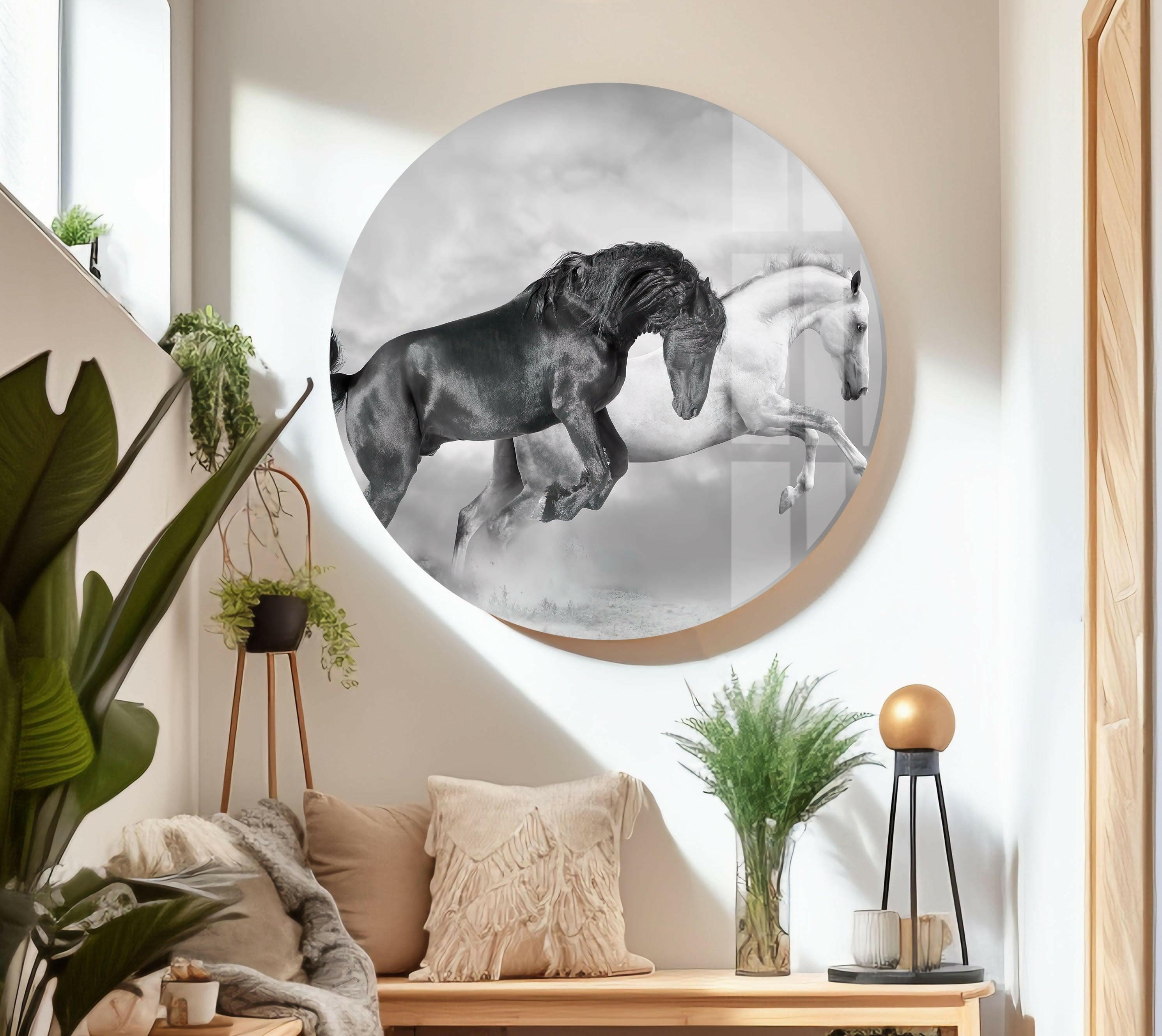 Black & White Wild Horses Running Glass Wall Art - Elegant Home Decor for Living Room, Bedroom & Office - Perfect Modern Art Gift for Horse Lovers