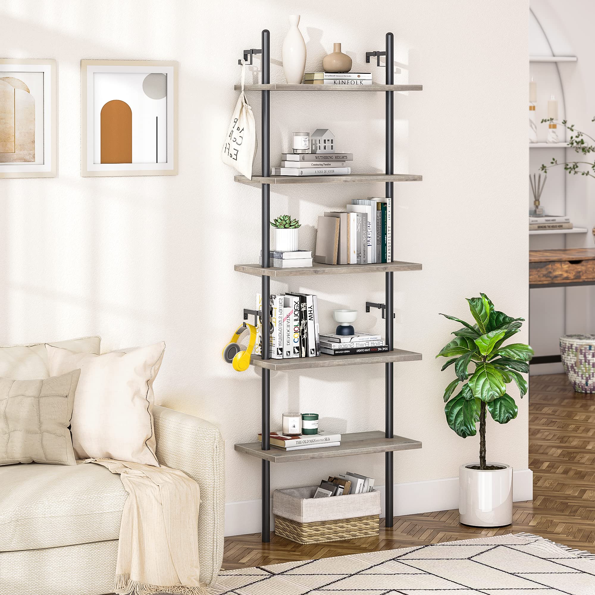 Bestier 70 Inch Industrial Ladder Shelf - 5 Tier Wall Mounted Bookshelf with Round Metal Tube & 2 Hooks for Home Storage | Rustic Gray Wash Finish | Perfect for Home Office, Kitchen, Bathroom & Living Room Organization | Display Books, Plants, Decor & More