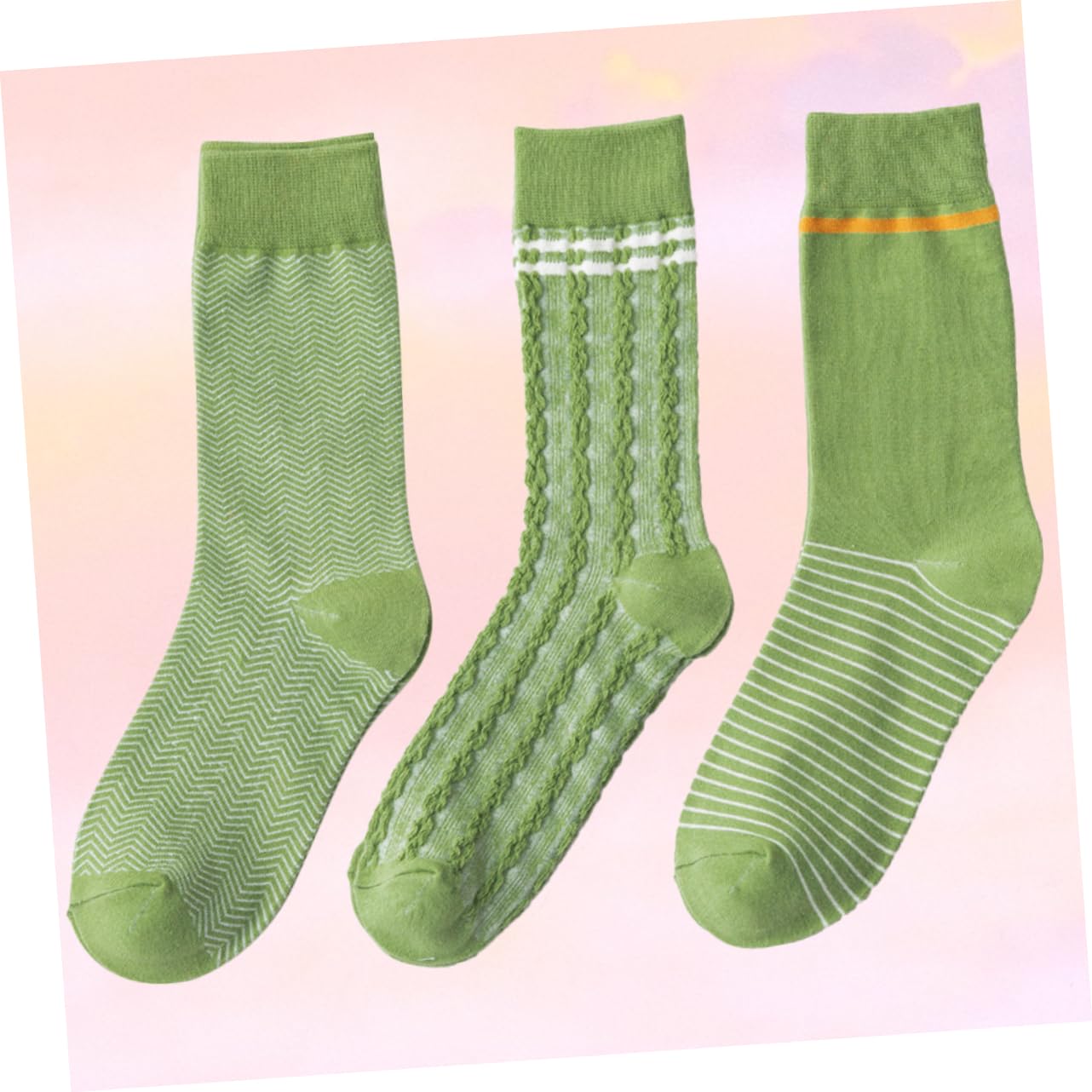 LIFKOME Women's Mid Crew Cotton Socks - Green Stripe Pattern, Comfortable Tube Stockings for Casual Wear, Running, and Everyday Use