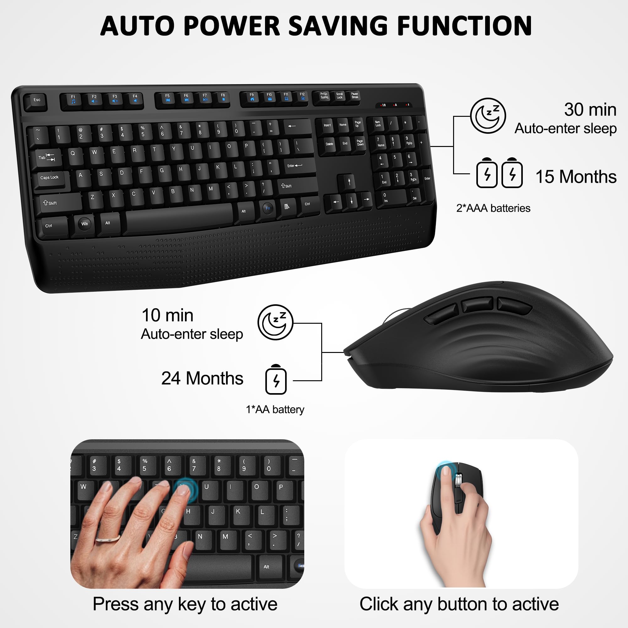 QUASIO Wireless Keyboard and Mouse Combo - Full Size Ergonomic Keyboard with Wrist Rest & 3-Level DPI Adjustable Optical Mouse for Windows/Mac, Compatible with PC, Laptop, Tablet - Perfect for Office, Gaming, and Home Use