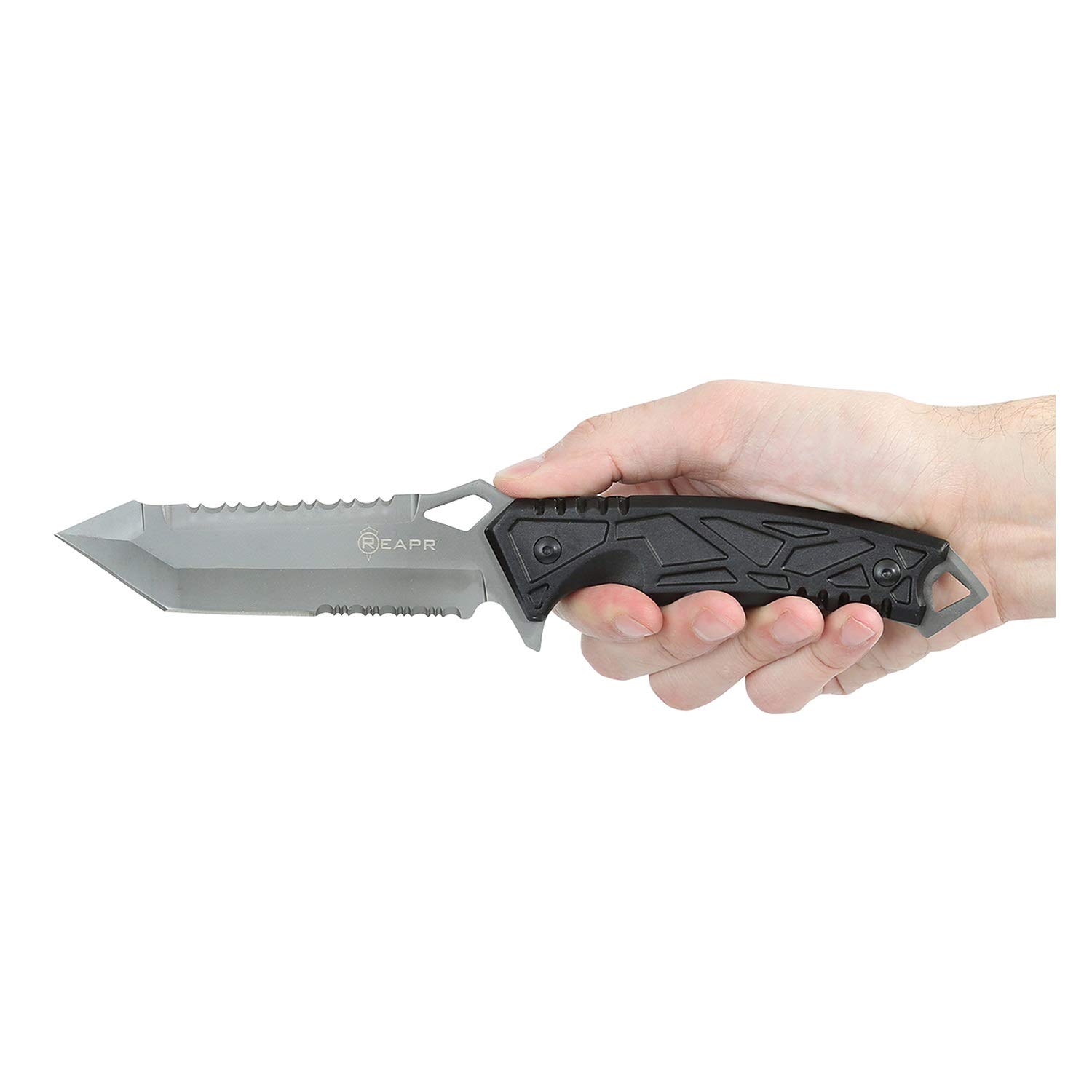 REAPR 11011 Javelin 5 Inch Full Tang Tactical Survival Knife with Sheath - Tanto Style Fixed Blade with Dual Serrated Edges for Camping, Hunting & Outdoor Adventures - Black Survival Gear for Bushcraft, Hiking & Emergency Preparedness