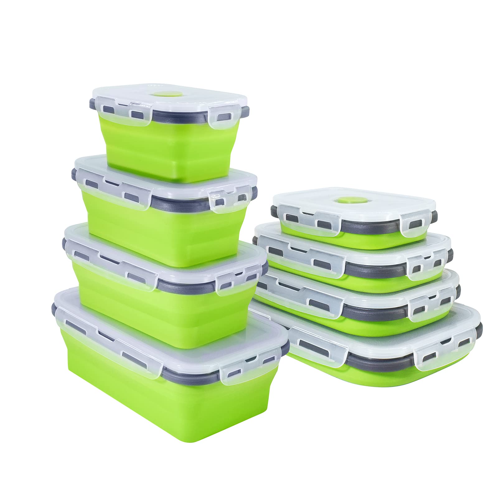 Collapsible Silicone Food Storage Containers with Lids - 4-Piece Set, BPA Free, Microwave & Freezer Safe, Space-Saving Flat Stack Design - Perfect for Meal Prep, Camping, RV Storage, Office Lunch & Kitchen Organization (Green)