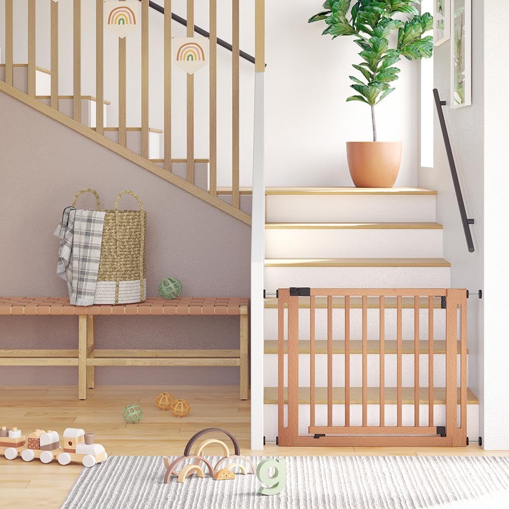 Natural Wooden Dog Gate for Extra Wide Doorways (95cm-103cm) | Pressure Fit Safety Gate for Puppies, Dogs & Pets (73cm Wide) | Stylish & Easy Installation | Perfect for Hallways, Stairs & Large Openings