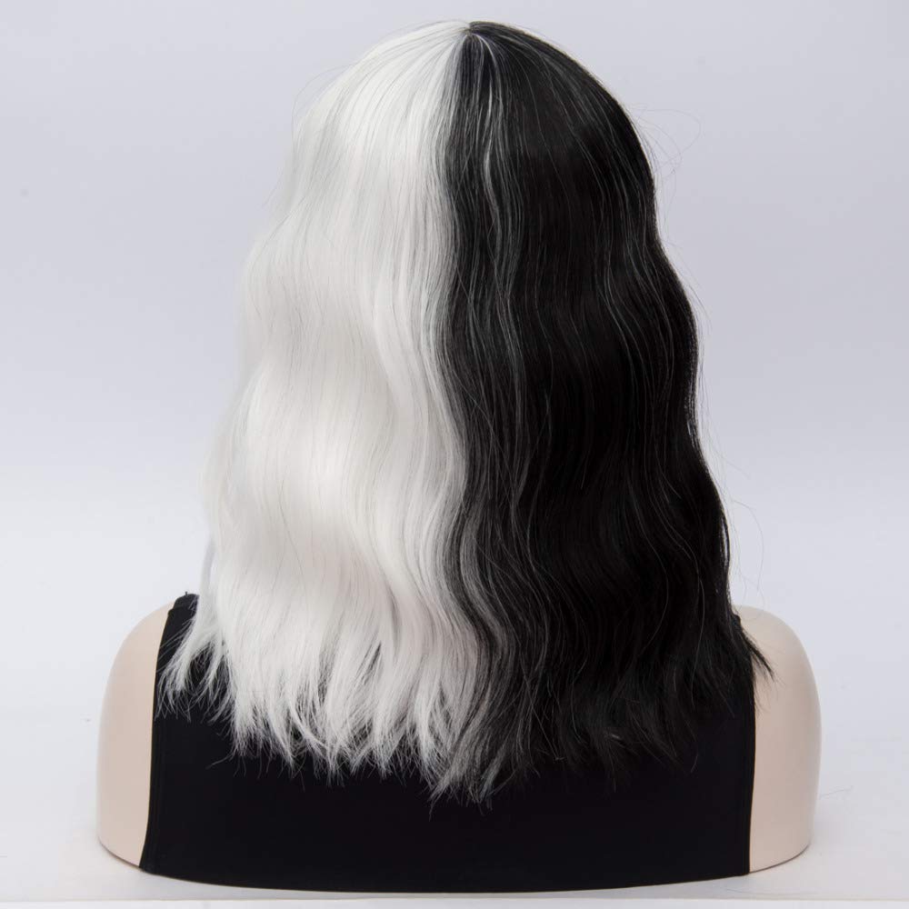 QACCF Short Wavy Shoulder Length Heat Resistant Synthetic Wig for Women - Black & White - Perfect for Cosplay, Daily Wear & Costume Parties