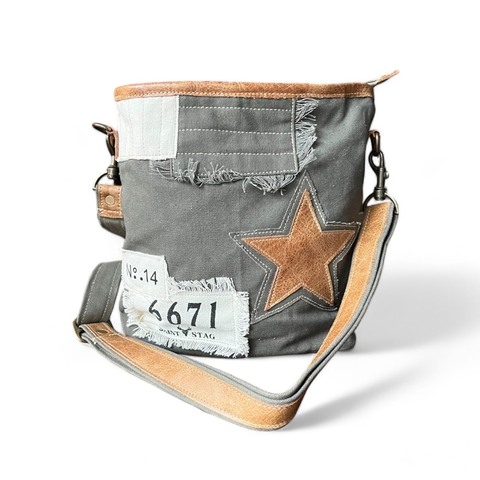 SAINTSTAG Saint Stag Earthy Canvas Shoulder Tote Bag for Women - Star Leather Crossbody Purse - Casual Day Bag for Work, Travel & Shopping (27x28x6.5cm, Grey)