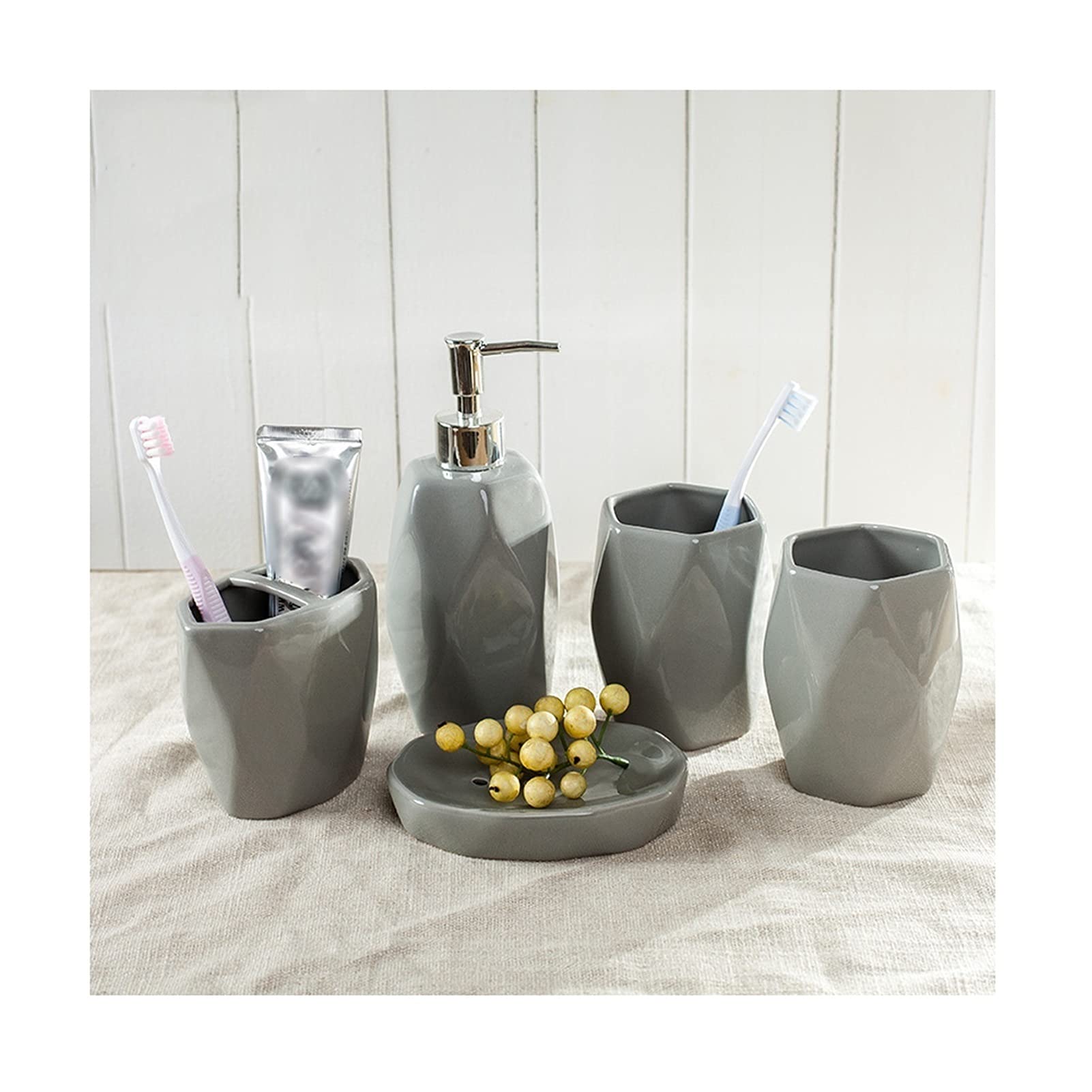Ceramic Soap Dispenser Set - 5-Piece Bathroom Accessories with Lotion Bottle, Mouthwash Cup, Toothbrush Holder & Soap Dish - Modern Gray Diamond Design for Home & Hotel Decor
