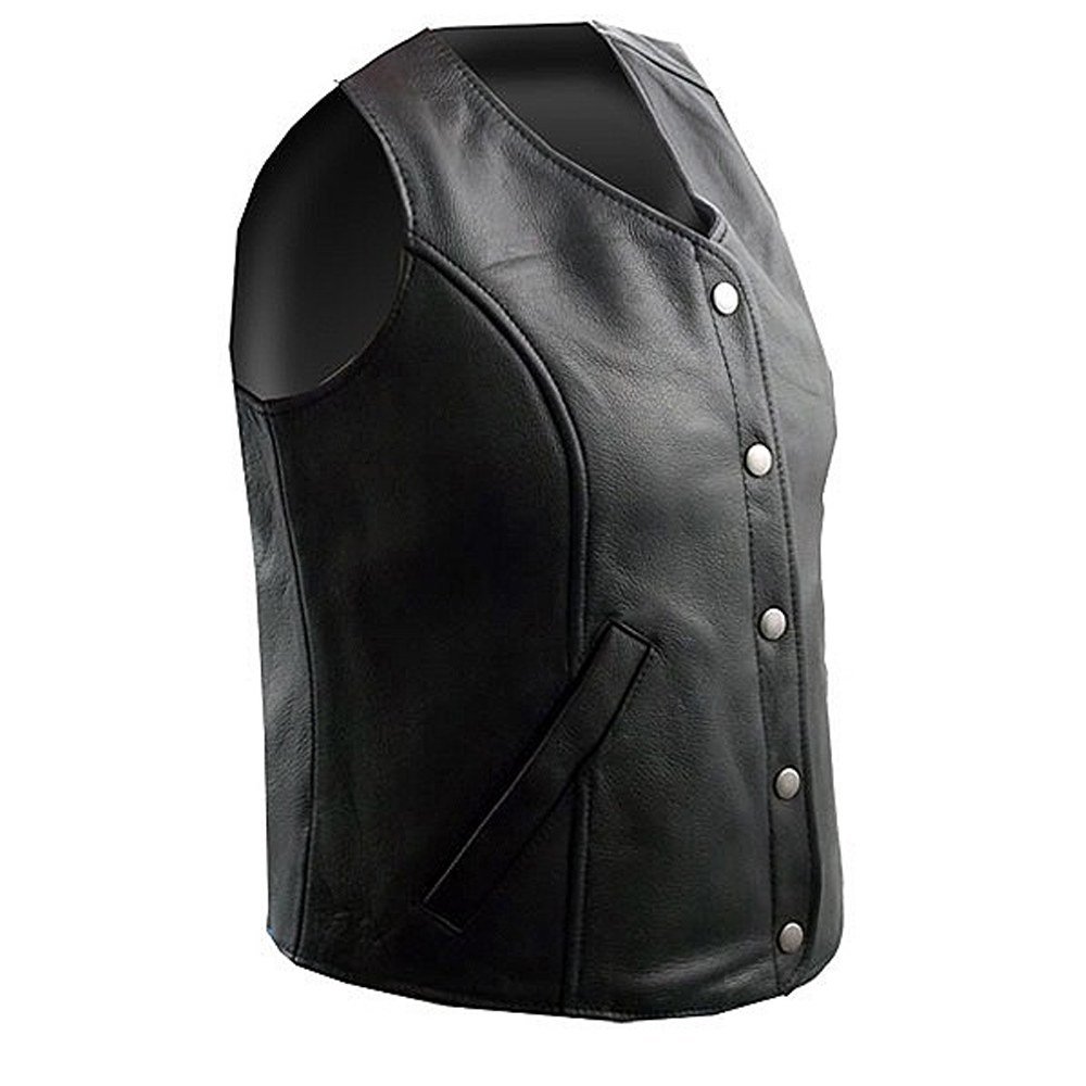 Stylish Women's Real Black Leather Biker Vest with Front Snap Buttons - Perfect for Motorcycle Riding, Night Outfits & Fashion Statements