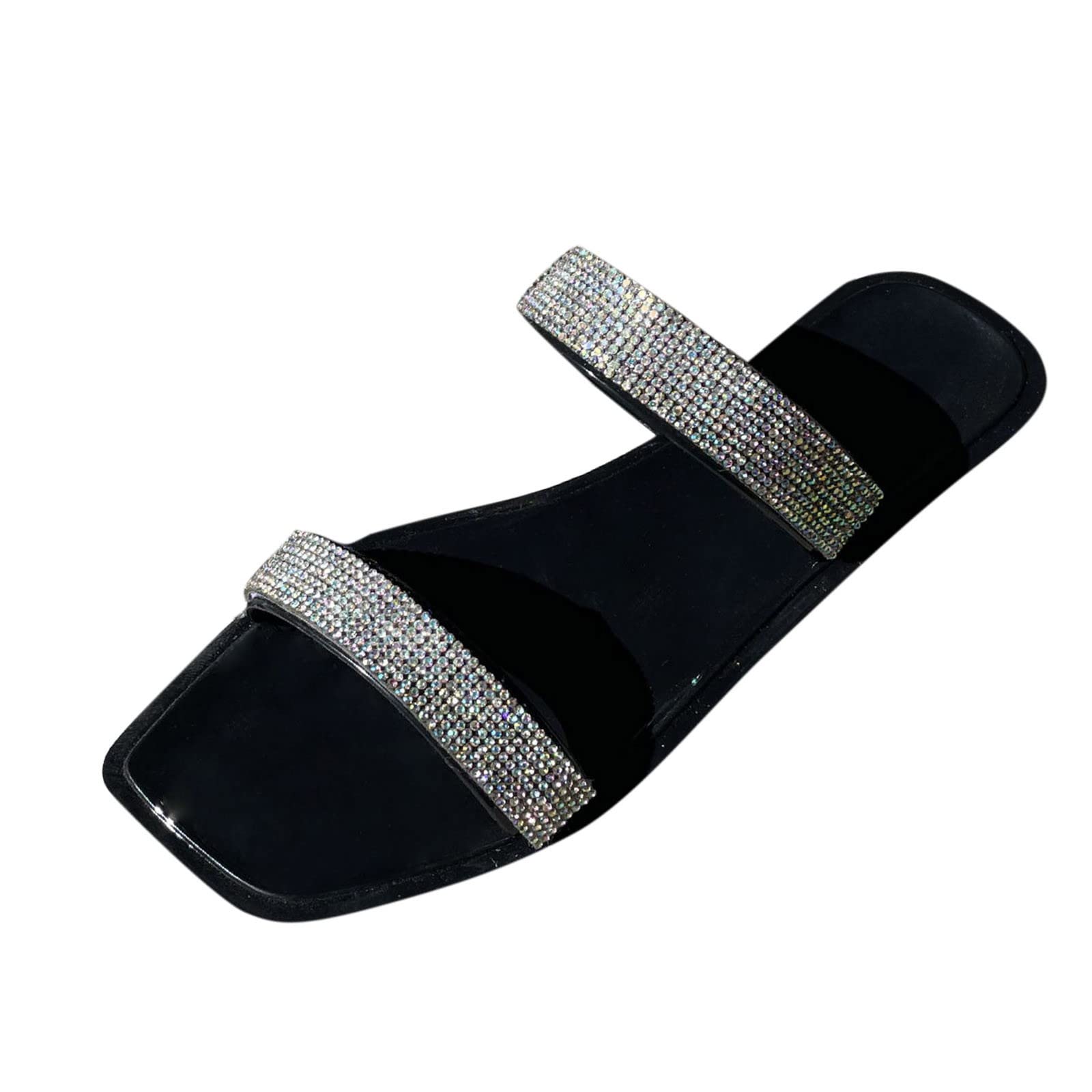 ZSpzx Women's Rhinestone Summer Slippers - Size 8.5 Black Leopard Print Slides with Flat Sole | Comfortable Beach & House Slippers for Women | Perfect for Poolside, Lounging & Casual Wear
