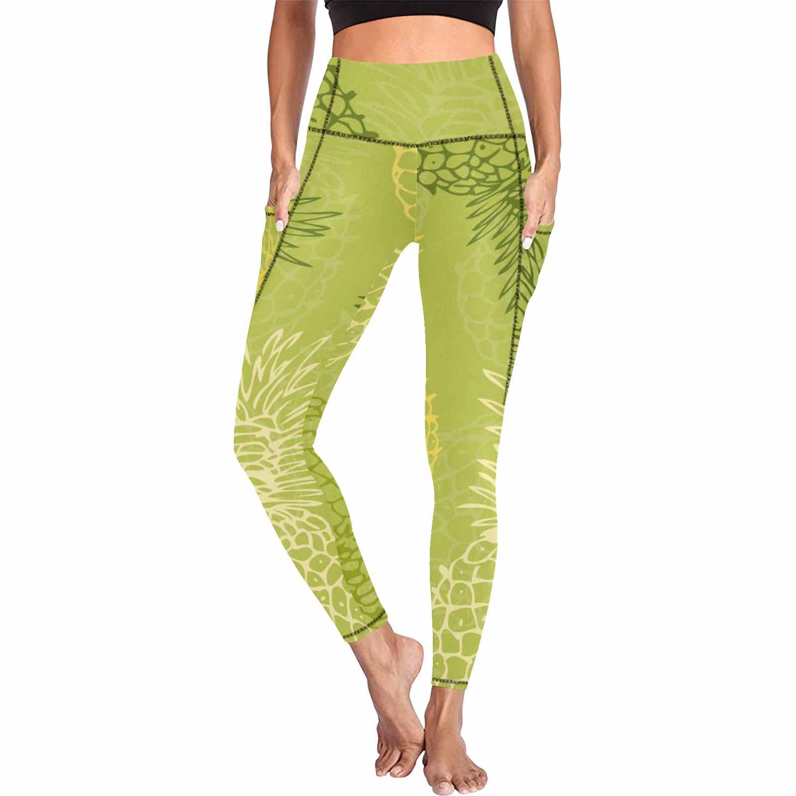 **InterestPrint Pineapple Fruit Slices Women's Workout Yoga Pants with Pockets - High Waisted Leggings for Running, Gym & Lounge - Sizes S-XXL**