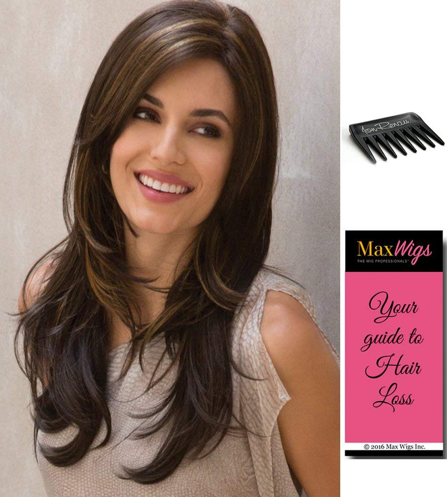 Angelica Partial Monofilament Wig - Dark Chocolate Long Straight Layered Synthetic Hair with Built-In Volume for Women | Includes Wig Comb & Hair Loss Booklet | Perfect for Daily Wear, Cosplay, and Hair Loss Solutions