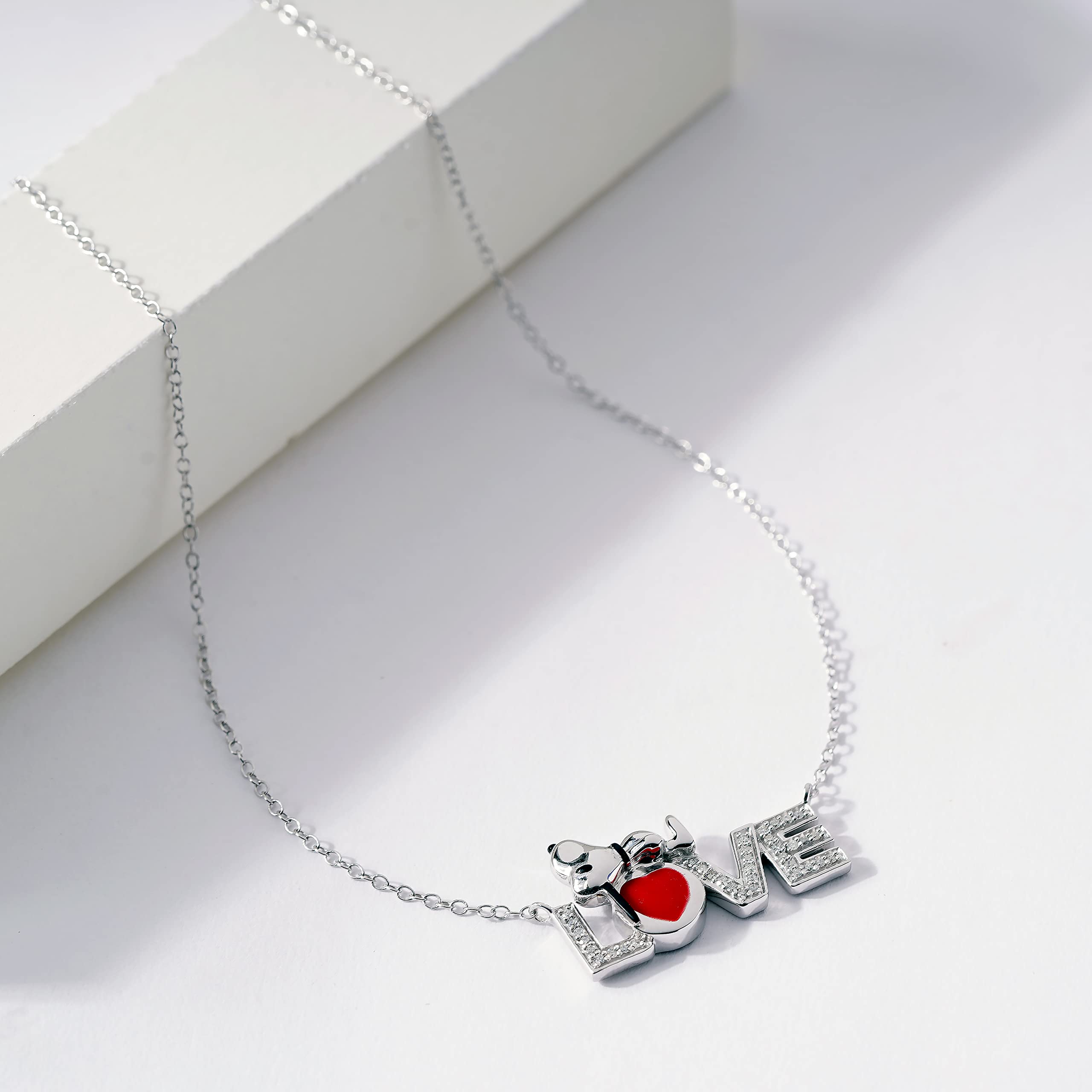 1/6 Carat Diamond Snoopy Sleeping Love Pendant Necklace in Sterling Silver with Red Enamel Heart - Romantic Gift for Women, Perfect for Valentine's Day, Anniversary & Birthday Jewelry Present