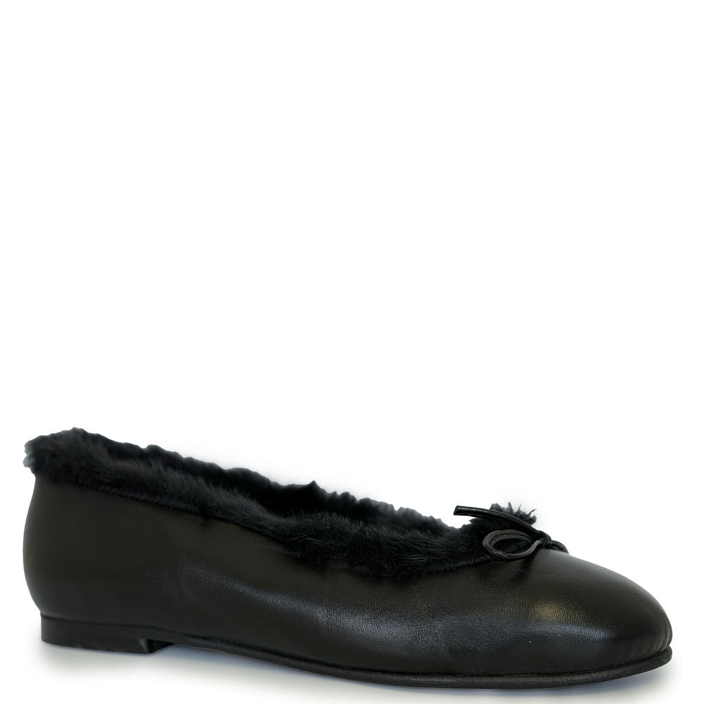Spain+Co Black Fur Bow Ballet Flats - Elegant Women's Comfortable Slip-On Shoes for Dance, Parties & Casual Wear