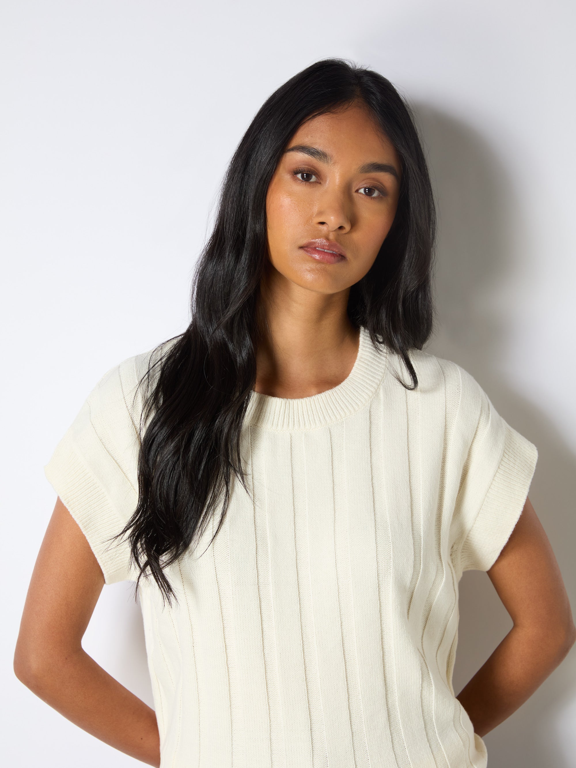 Women's Cream Ribbed Knit Vest - Slim Fit Stretch Cotton Pullover Sleeveless Top for Layering, Casual Wear & Office Outfits
