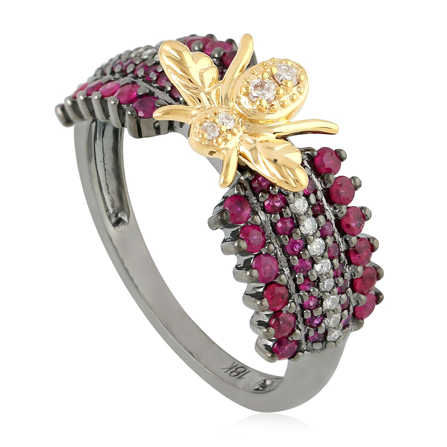 18K Oxidized Gold Ruby July Birthstone Diamond Housefly Band Ring - Perfect for Birthdays, Anniversaries & Unique Jewelry Gifts