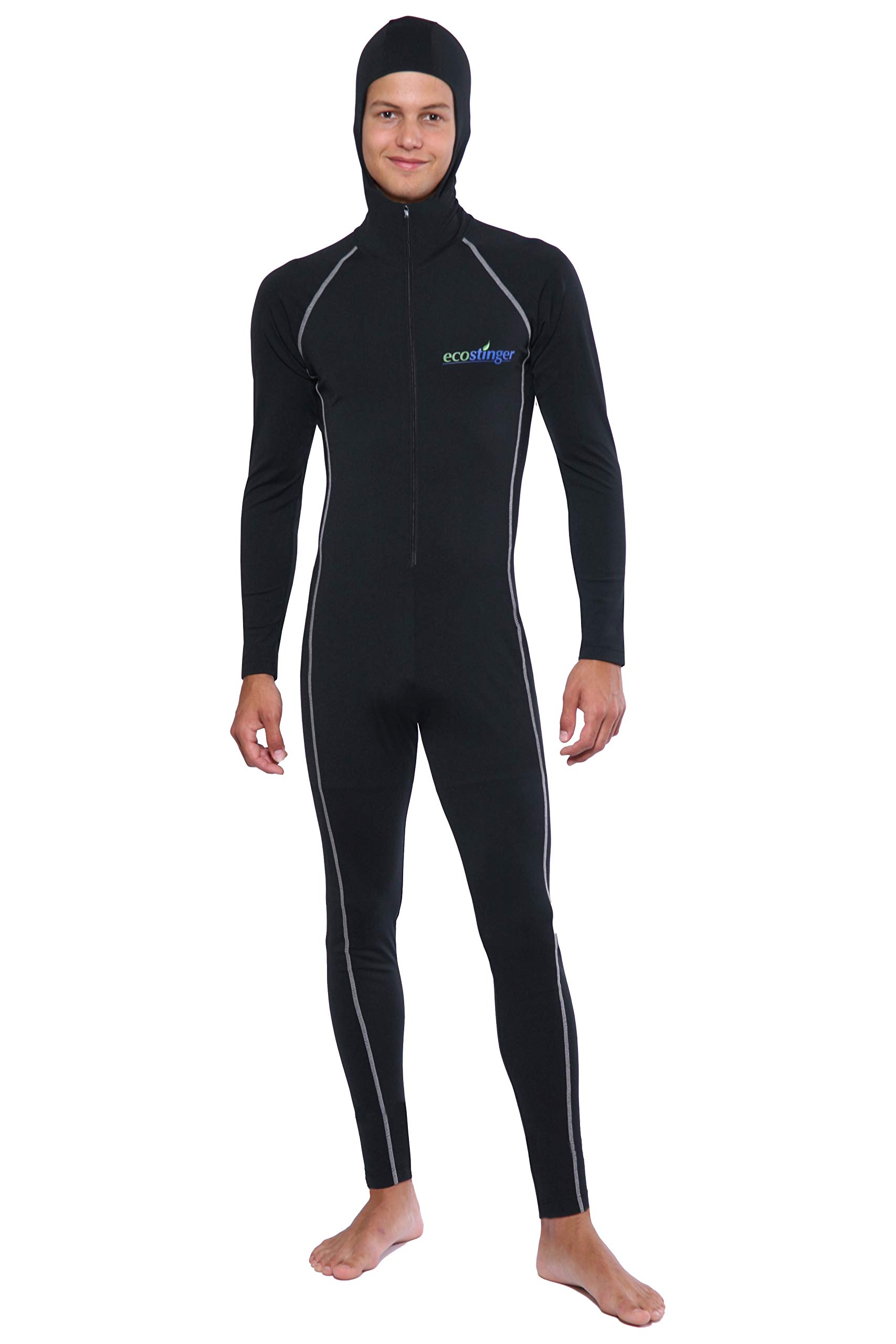 EcoStinger® UPF50+ UV Protection Men's Full Body Stinger Suit Hooded Swimsuit - Chlorine Resistant, Black & Silver - Ideal for Swimming, Snorkeling, and Water Sports