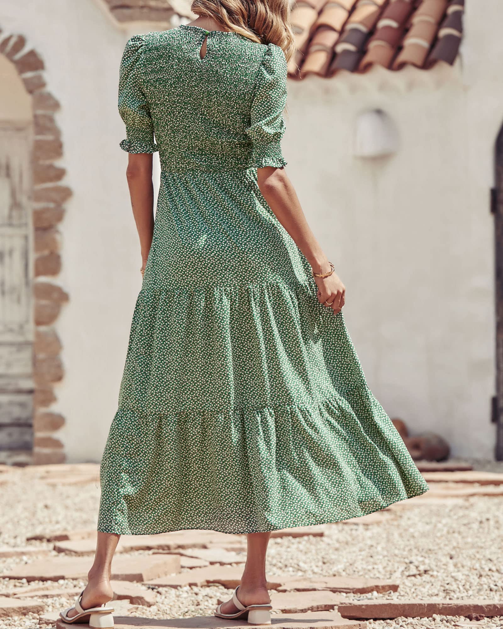 BTFBM Women's Casual Summer Floral Print Boho Maxi Dress - Crew Neck, Ruffle Short Sleeve, Smocked Waist, Flowy Design for Spring/Summer 2025 | Perfect for Beach Vacations, Date Nights & Boho Fashion Outfits