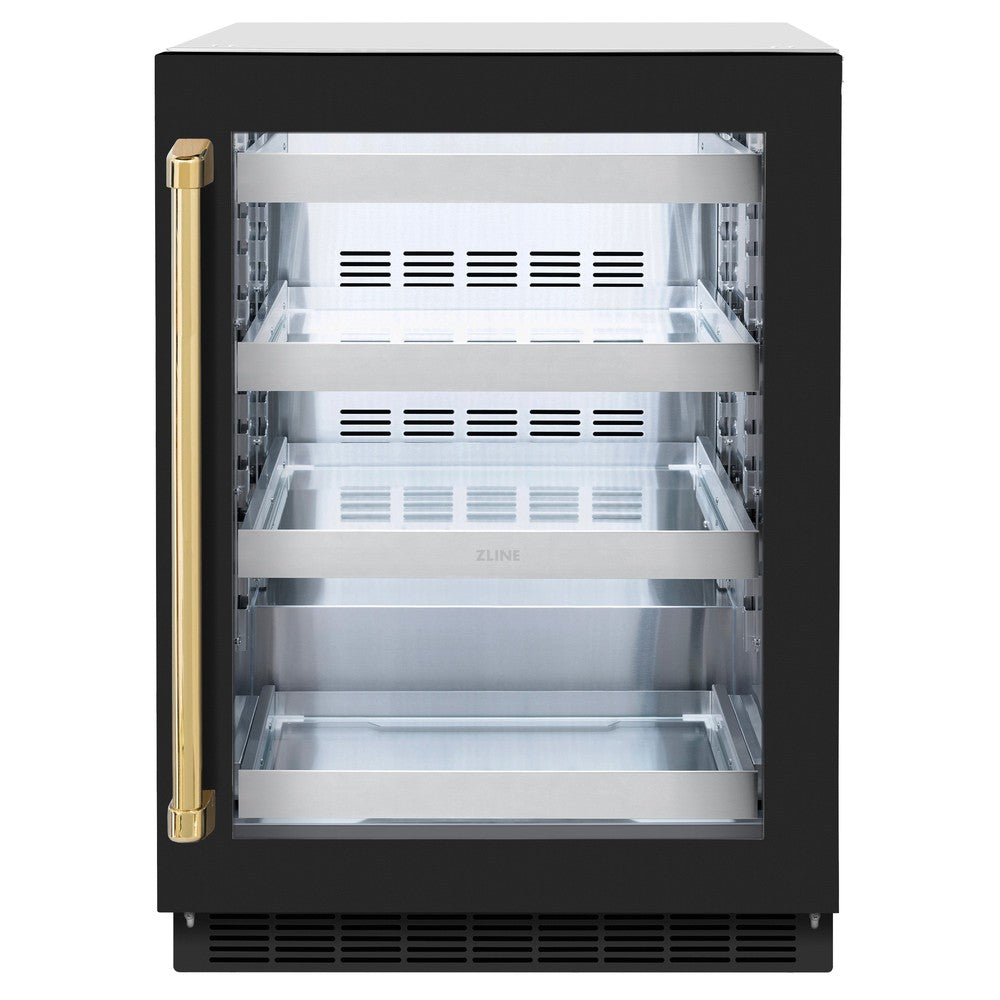 ZLINE Autograph Edition 24 Inch Touchstone 151 Beverage Refrigerator - Black Matte Glass Door with Polished Gold Handle - Perfect for Home Bar, Kitchen, or Office (RBSOZ BLM 24 G)