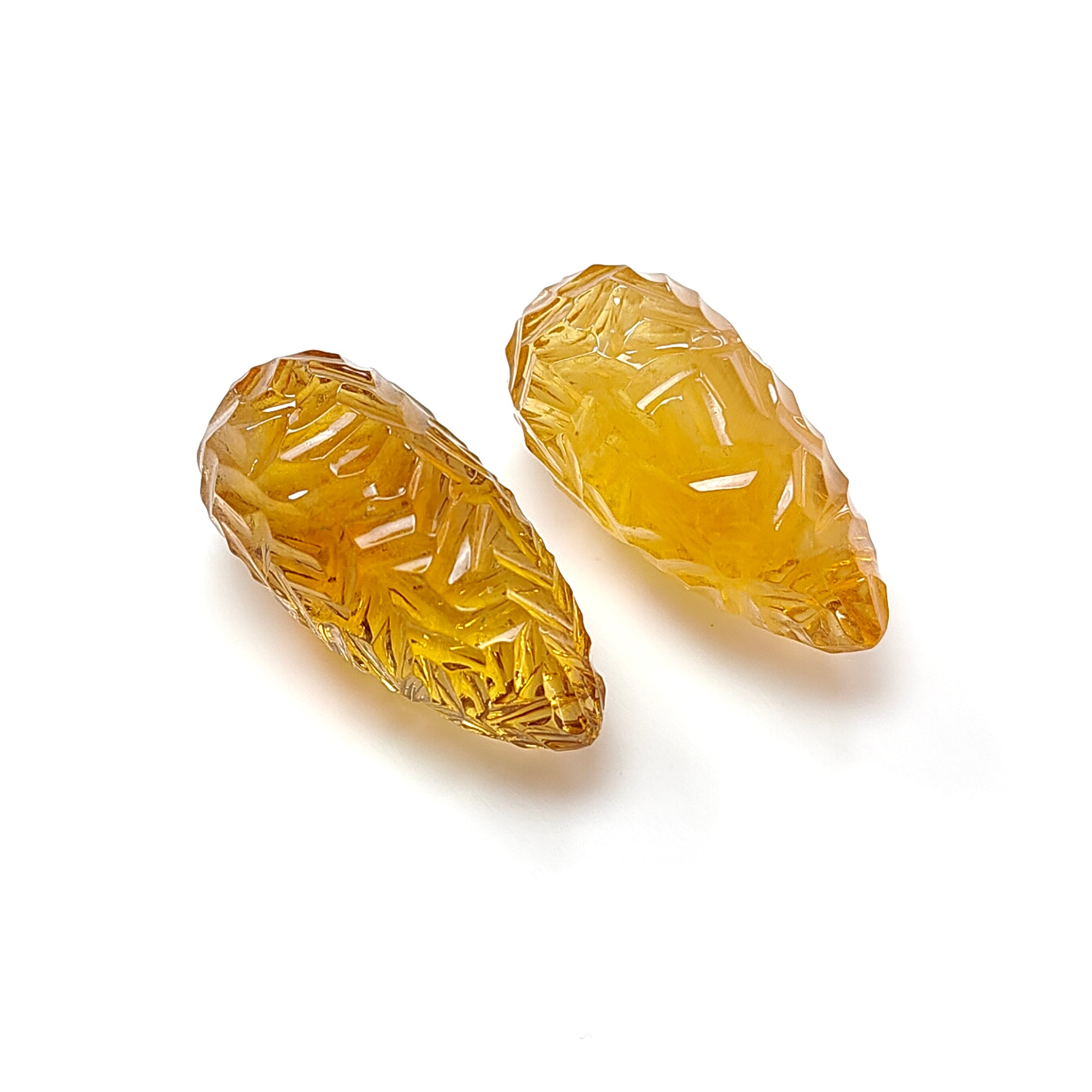 Natural Untreated Yellow Citrine Gemstone Carving - 90.70cts Hand Carved Teardrop Shape Pair (31mm) | November Birthstone Jewelry Making Supplies | Perfect for Necklace Pendants, Earrings & Gift Giving