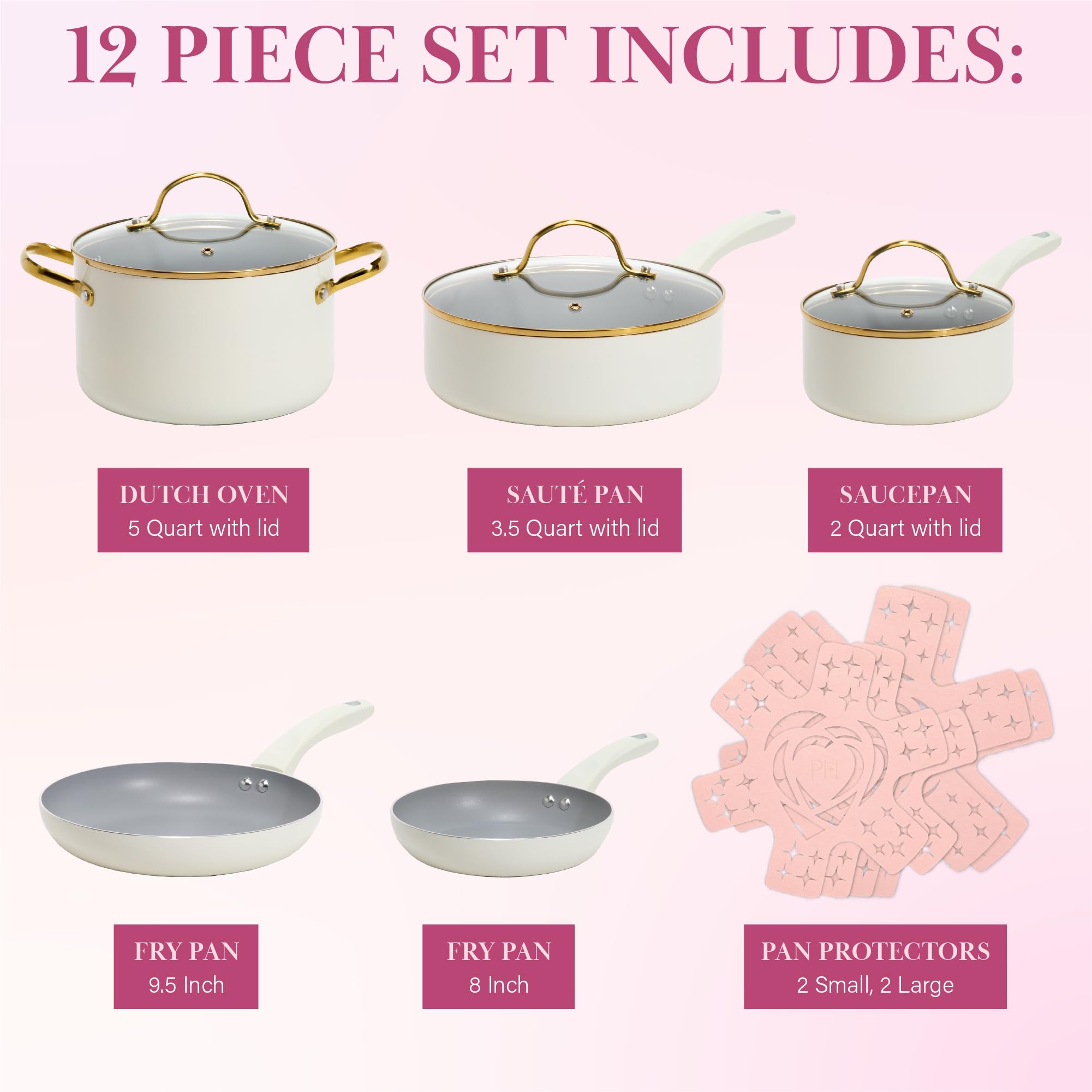 Paris Hilton Epic 12-Piece Nonstick Cookware Set - PFOA-Free Multi-Layer Coating, Tempered Glass Lids & Stay-Cool Handles - Dishwasher Safe Cream Pots & Pans for Everyday Cooking & Family Meals