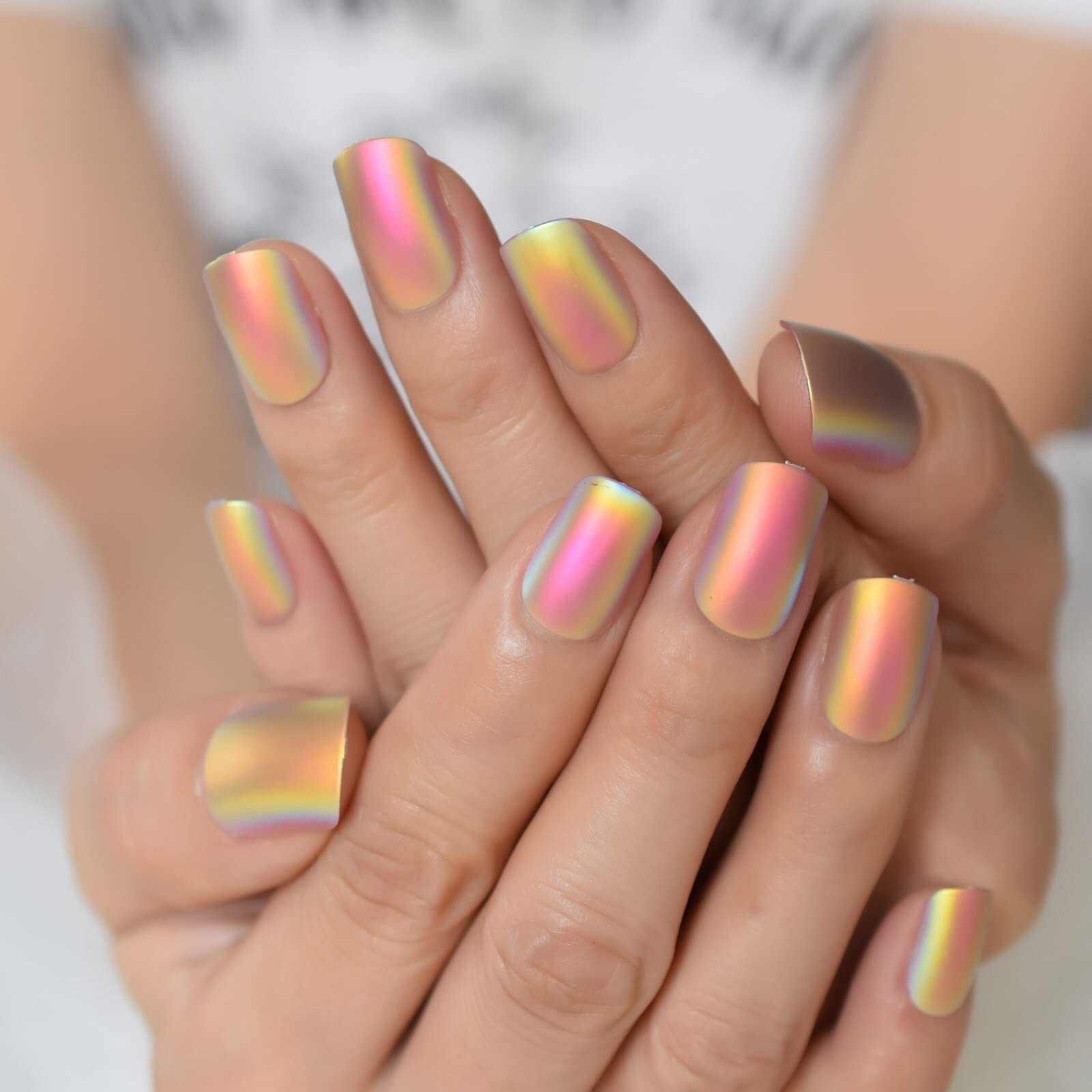 24pcs Short Squoval Press On Nails - Glossy Rainbow Chrome Fake Nails with Full Cover Design | Shiny Fingernail Tips for Parties, Weddings & Special Occasions