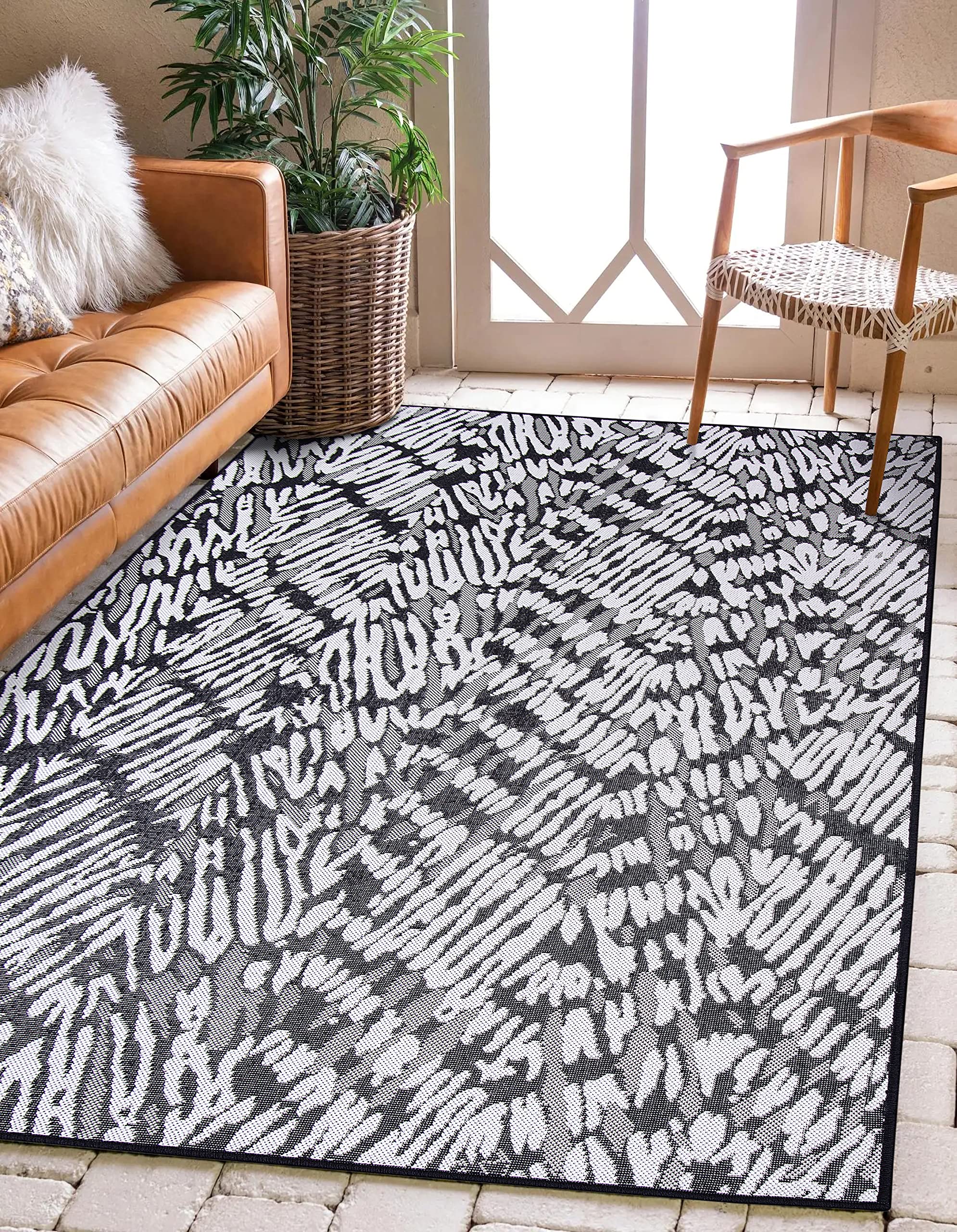 Bohemian Indoor Outdoor Rug 8'x10' - Non-Slip Washable Area Rug for Living Room, Bedroom, Dining, Patio, Balcony & Office - Weather Resistant Easy Clean Black Rug - Perfect for Home Decor, Apartment & Vacation House