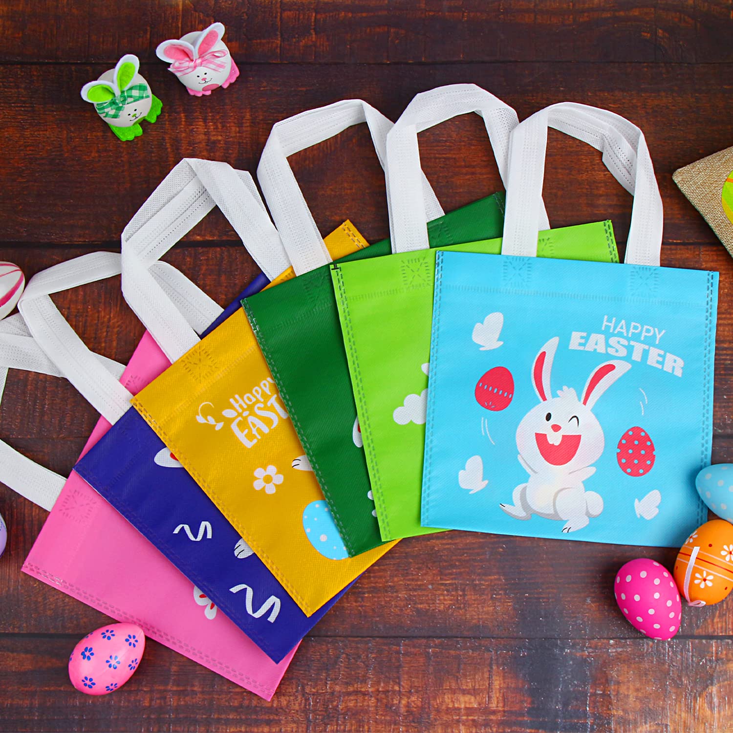 24 Pack Easter Bunny Non-Woven Tote Bags with Handles - Cute DIY Easter Gift Bags for Kids Party Favors, Egg Hunt & Spring Celebrations - Perfect for Classroom Treats, Easter Basket Stuffers & Holiday Decorations