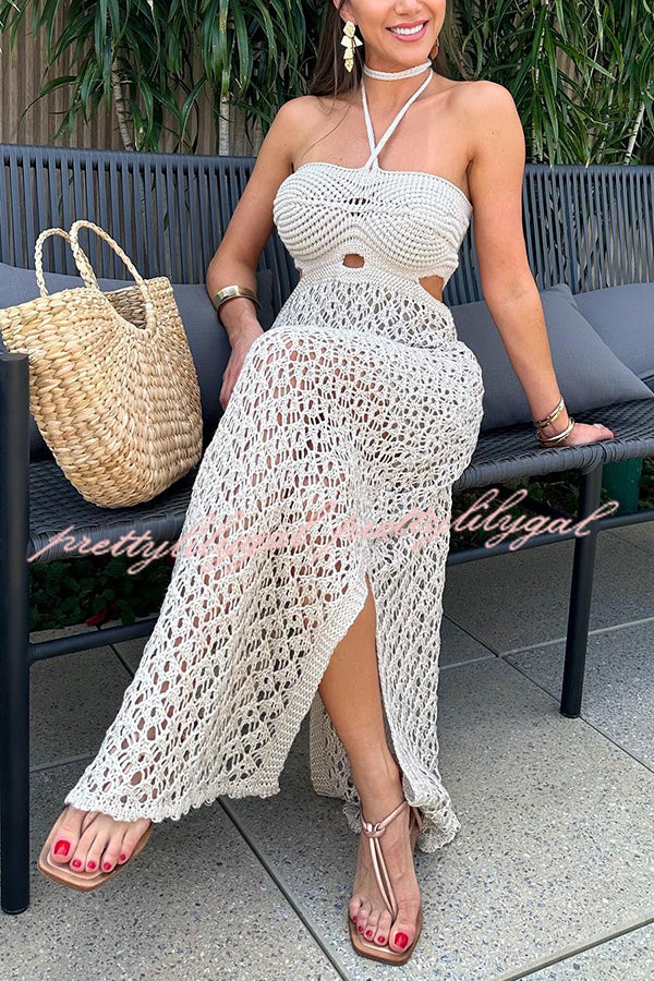 Elegant Sunset Beach Stroll Knit Texture Cutout Detail Halter Stretch Maxi Dress - Perfect for Summer Vacations, Beach Weddings & Boho Chic Outfits