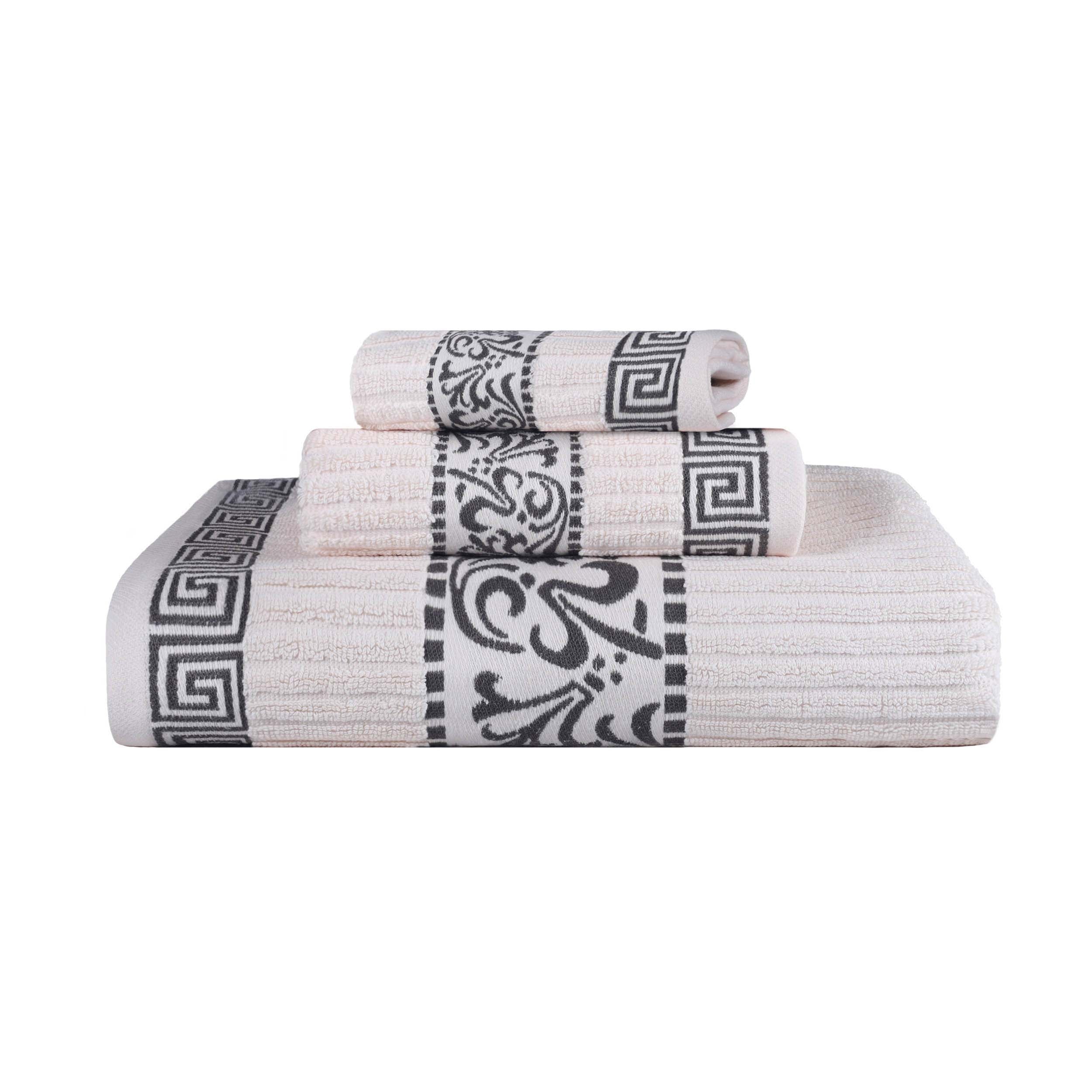 Premium Athens Cotton Greek Scroll & Floral 3-Piece Bath Towel Set - Soft Absorbent Luxury Towels for Spa, Bathroom & Guest Use