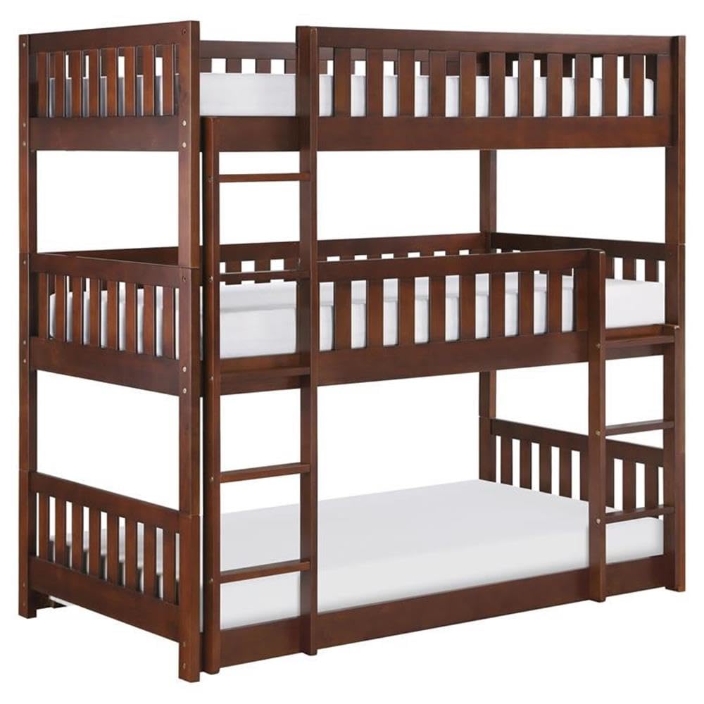 Lexicon Rowe Transitional Wood Triple Bunk Bed in Dark Cherry - Space-Saving Kids Bedroom Furniture for Siblings or Sleepovers - Perfect for Small Rooms, Vacation Homes & Shared Bedrooms