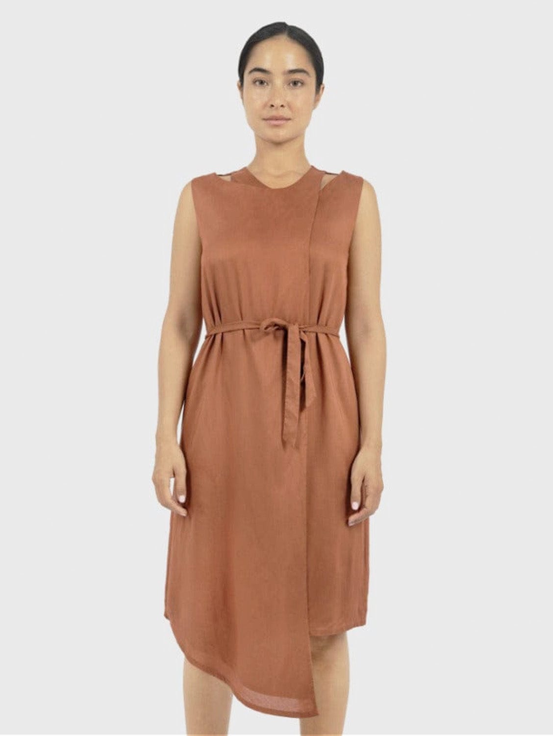 Elegant Funchal TENCEL™ Modal Asymmetric Wrap Dress in Red Rust - Perfect for Summer Weddings, Beach Vacations & Date Nights