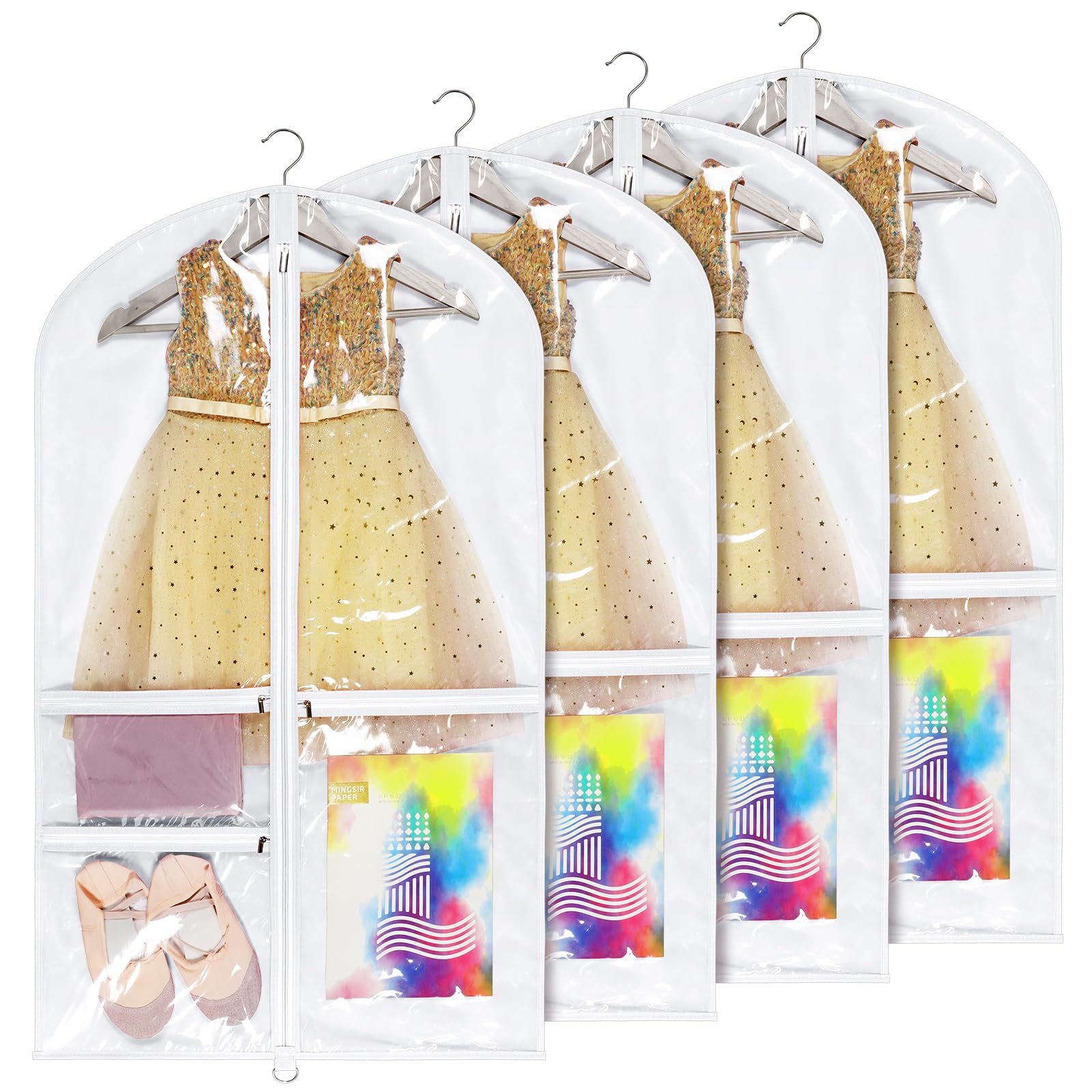 Univivi 40 Inch White Dance Costume Garment Bag with 3 Clear Zipper Pockets - 4 Pack for Kids Dance Costumes, Hanging Clothes Storage, Perfect for Dance Recitals, Competitions, and Performances