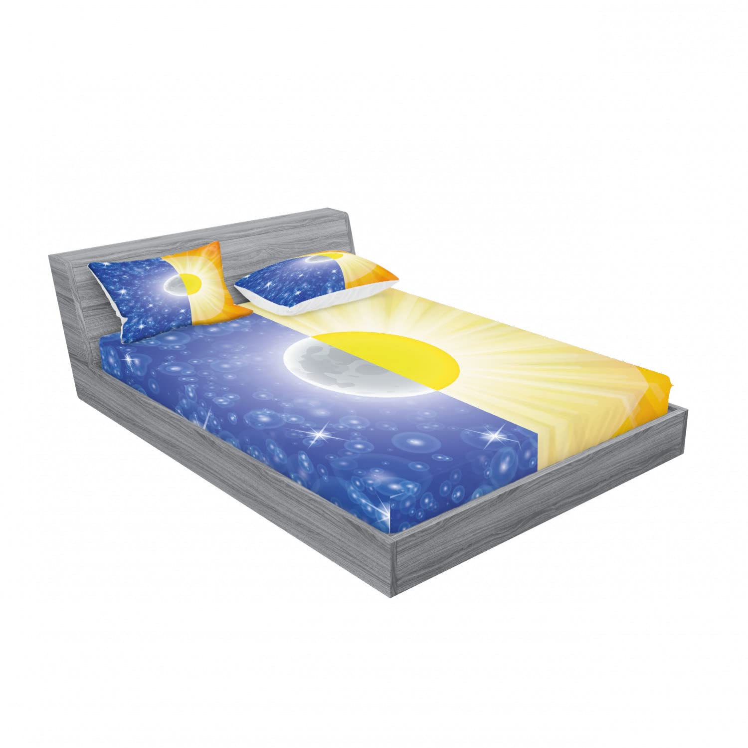 Ambesonne 2-Pack Queen Size Fitted Sheets & Pillow Sham Set - Space Themed Bedding with Sun Beams, Stars in Blue & Yellow | 4-Piece Bedding Decor for Cozy Nights & Celestial-Themed Bedrooms