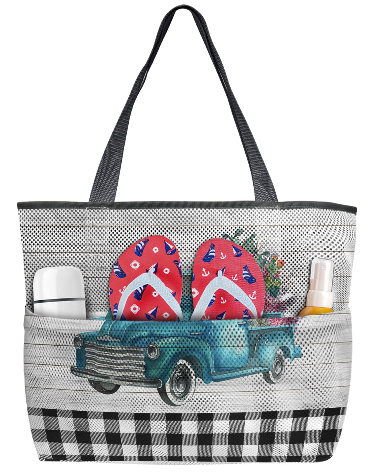 Large Mesh Beach Bag with Watercolor Farm Truck & Cactus Flowers Design - Durable Toy Tote for Women, Perfect for Swimming Pool, Travel, and Summer Outings