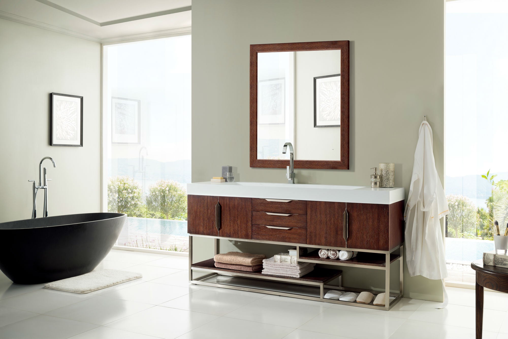Columbia 72 Single Vanity with Glossy White Composite Top - Coffee Oak Bathroom Vanity for Modern Homes | Perfect for Master Bath, Guest Bath & Powder Room Makeovers