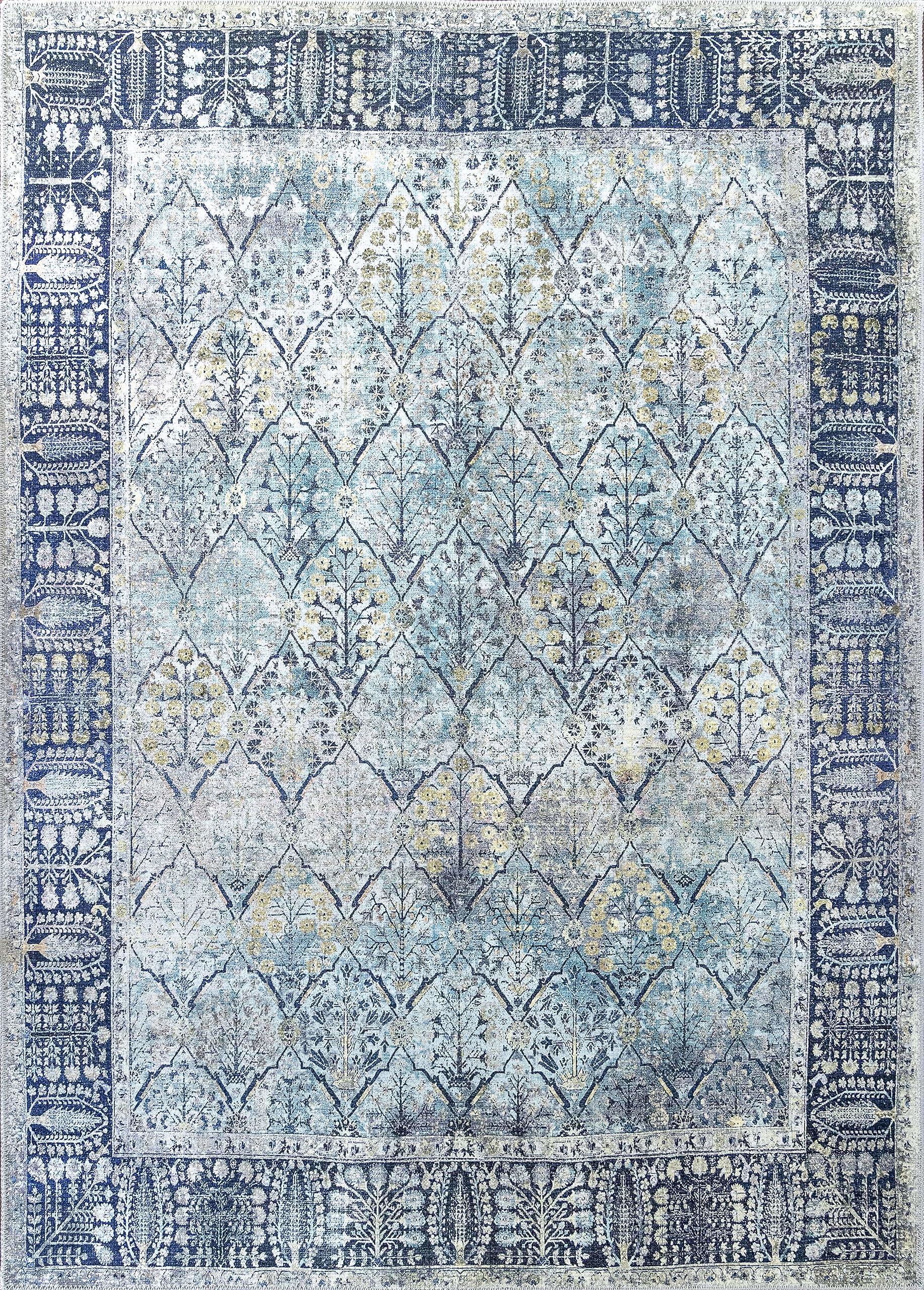 Softwoven 8x10 Machine Washable Cotton Area Rug - Non-Slip, Stain Resistant & Pet Friendly - Vintage Navy & Light Blue Design for Living Room, Bedroom & Hallway - Perfect for High Traffic Areas & Family Homes