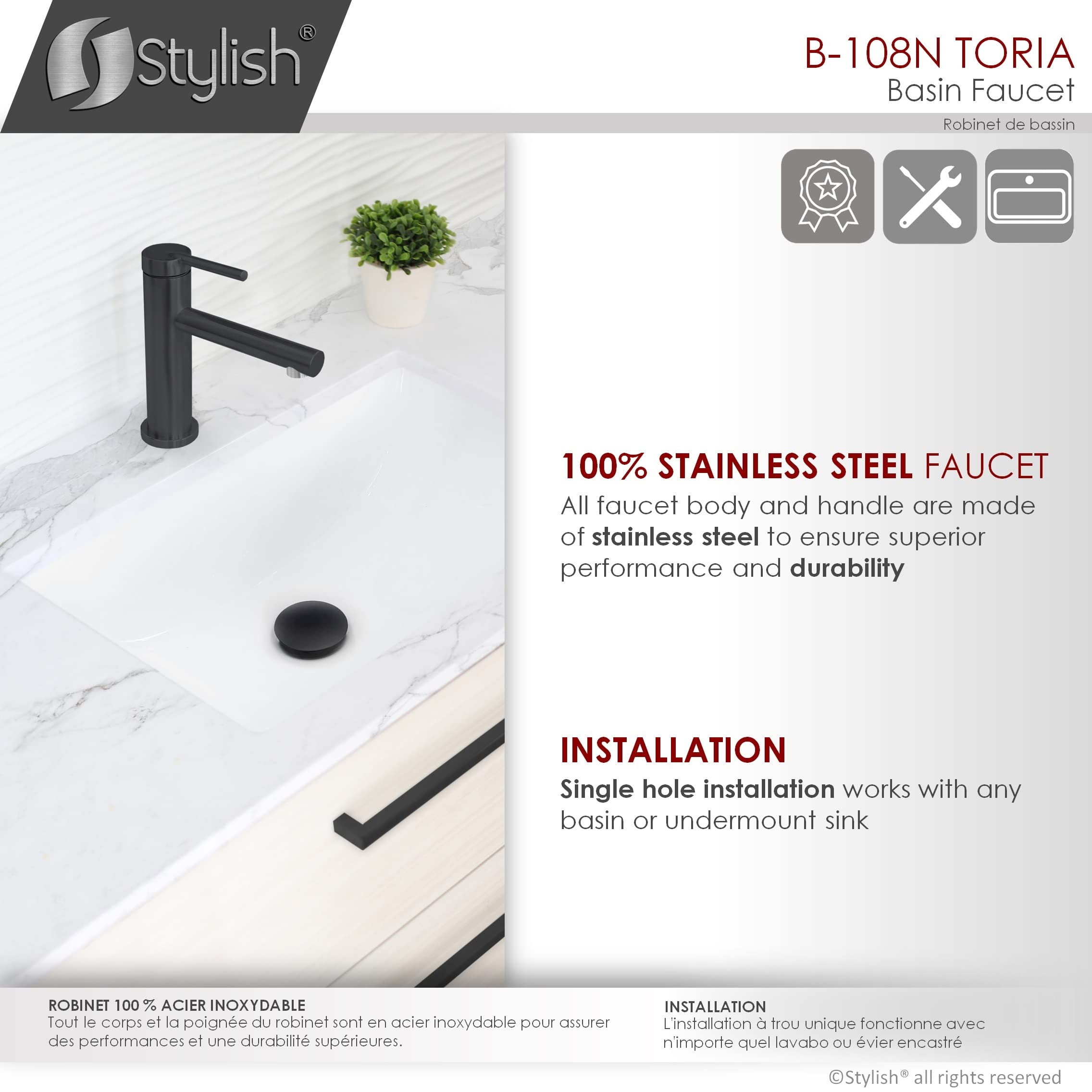 Stylish Single Handle Bathroom Faucet - Solid Stainless Steel 1 Hole Vanity Sink Faucet with Matte Black Finish (Model B-108N) - Perfect for Modern Bathroom Renovations & Small Space Sinks